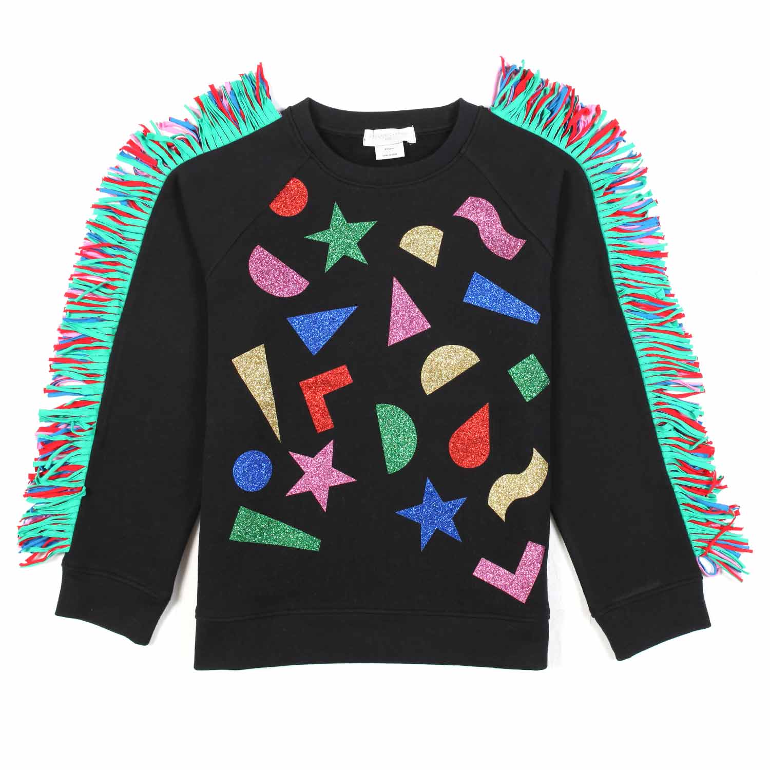 FELPA NERA CON STAMPE GLITTER E FRANGE - annameglio.com abbigliamento moda