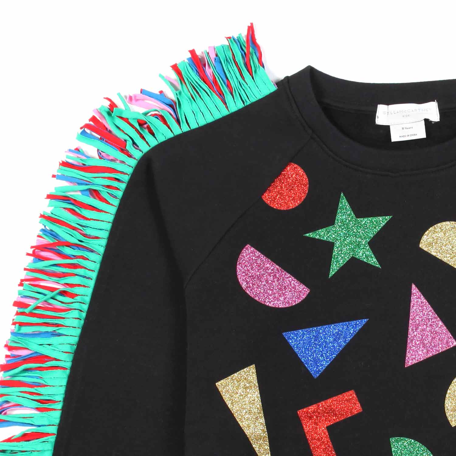 FELPA NERA CON STAMPE GLITTER E FRANGE - annameglio.com abbigliamento moda