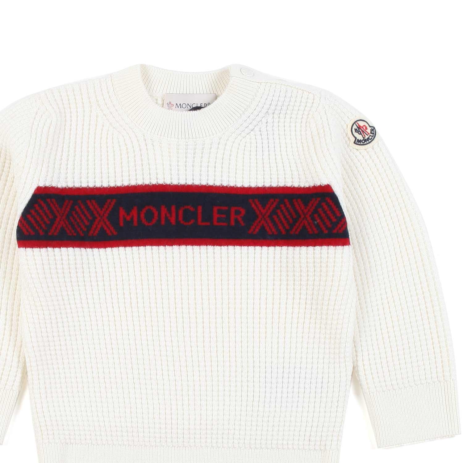 MAGLIONE BIMBO BIANCO LATTE CON LOGO ROSSO E BLU - annameglio.com abbigliamento moda