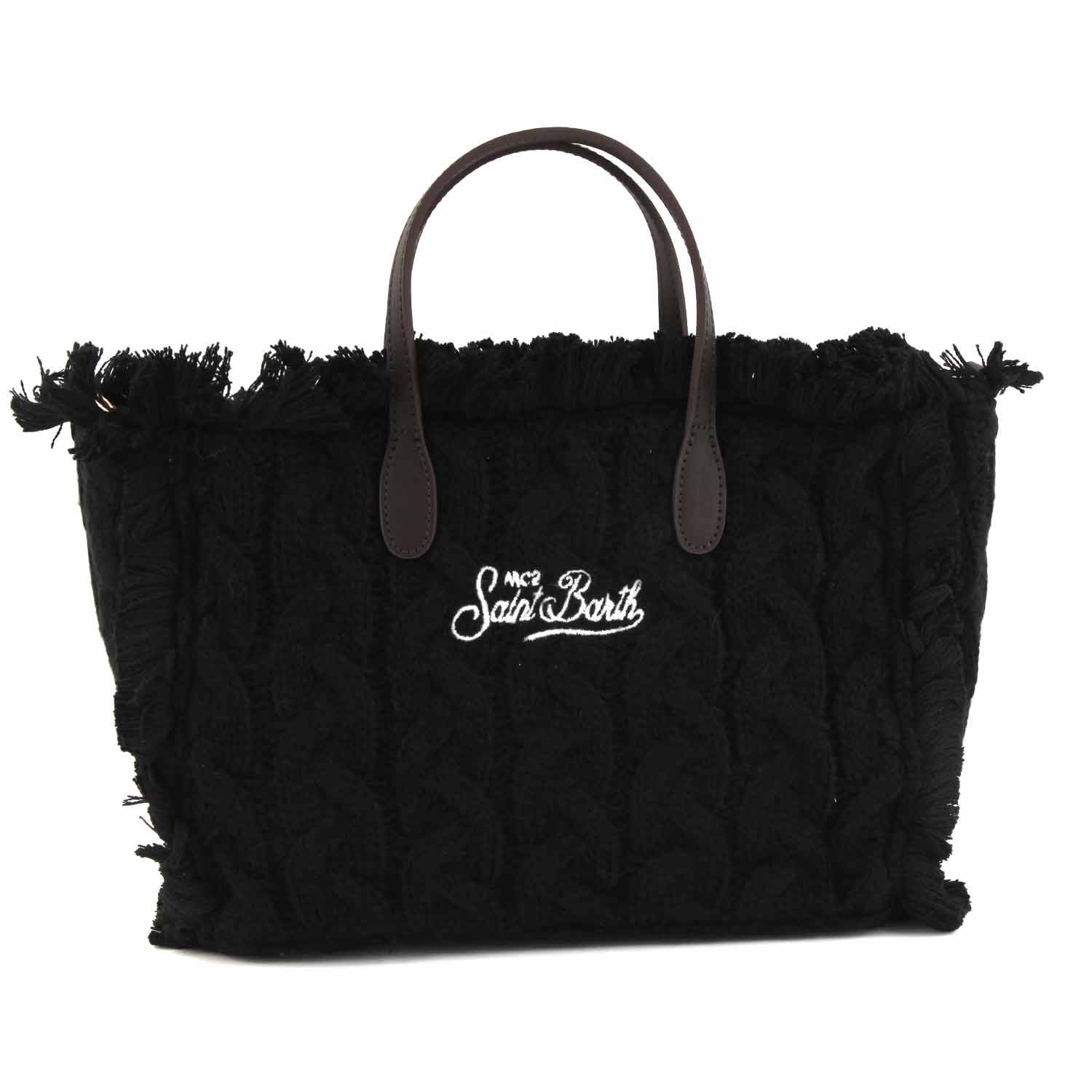 BORSA COLETTE NERA A TRECCE CON LOGHI BIANCHI - annameglio.com abbigliamento moda