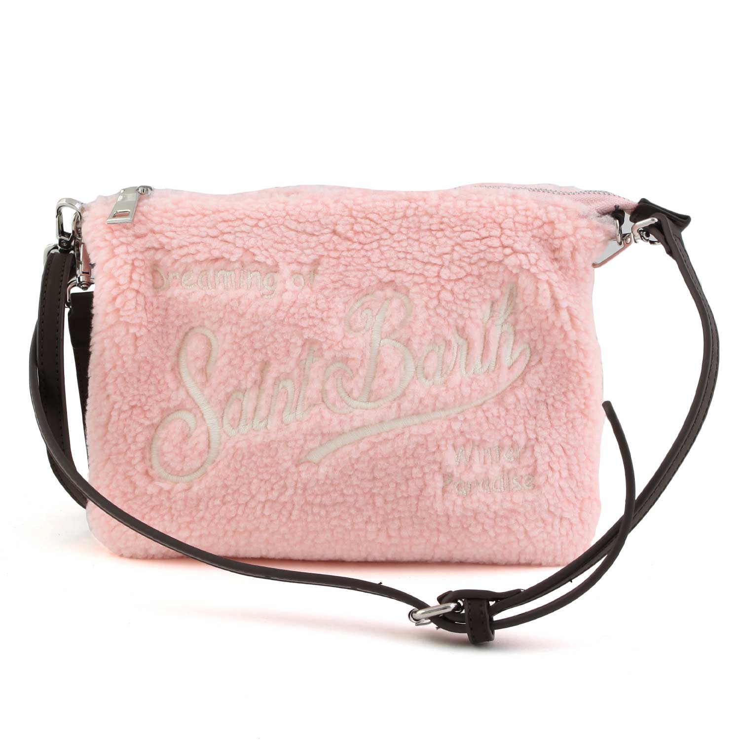 BORSETTA PARISIENNE SHERPA ROSA CON LOGHI BIANCHI - annameglio.com abbigliamento moda