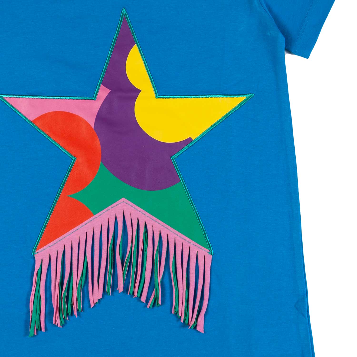 VESTITO AZZURRO CON STELLA MULTICOLOR E FRANGE - annameglio.com abbigliamento moda