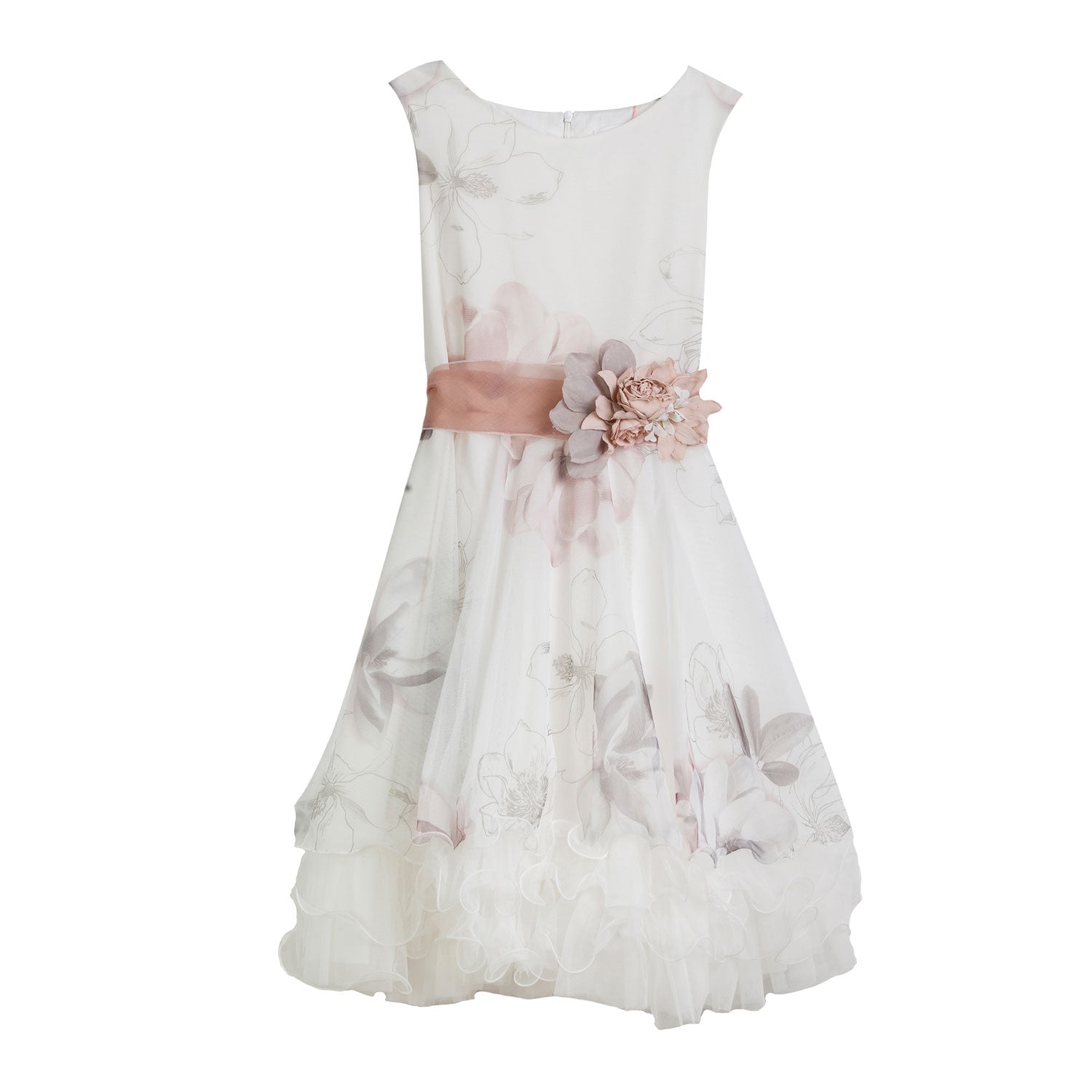 ABITO FLOREALE BIANCO IN TULLE CON CINTURA SALMONE - annameglio.com abbigliamento moda