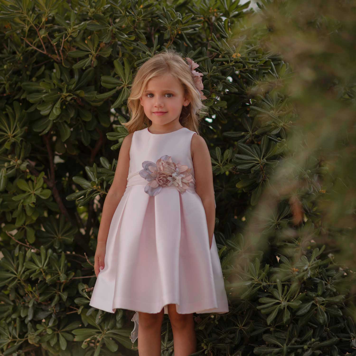 ABITO MIKADO ROSA CHIARO CON CINTURA E FIORE - annameglio.com abbigliamento moda