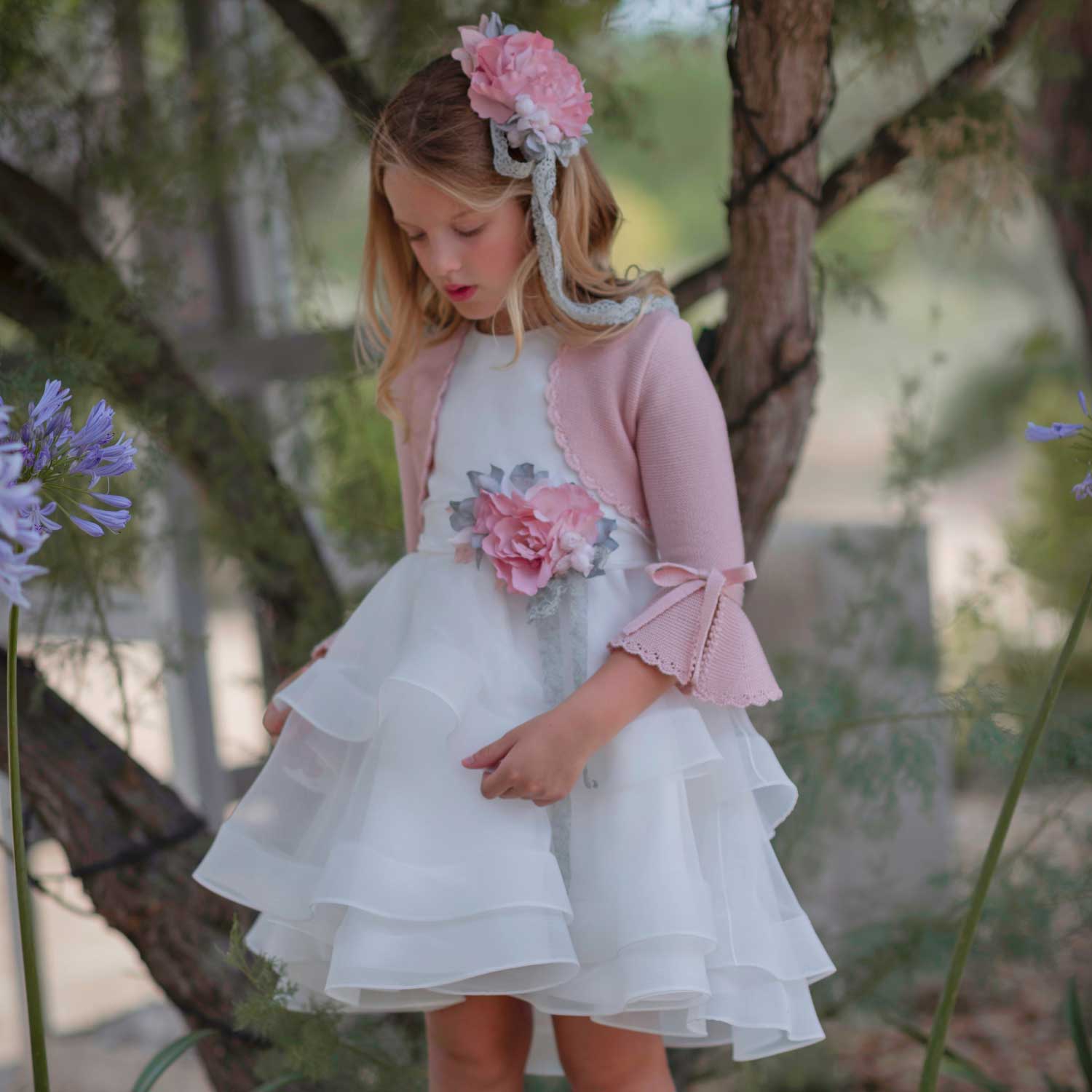 ABITO BIANCO IN TULLE A BALZE CON FIORI ROSA - annameglio.com abbigliamento moda