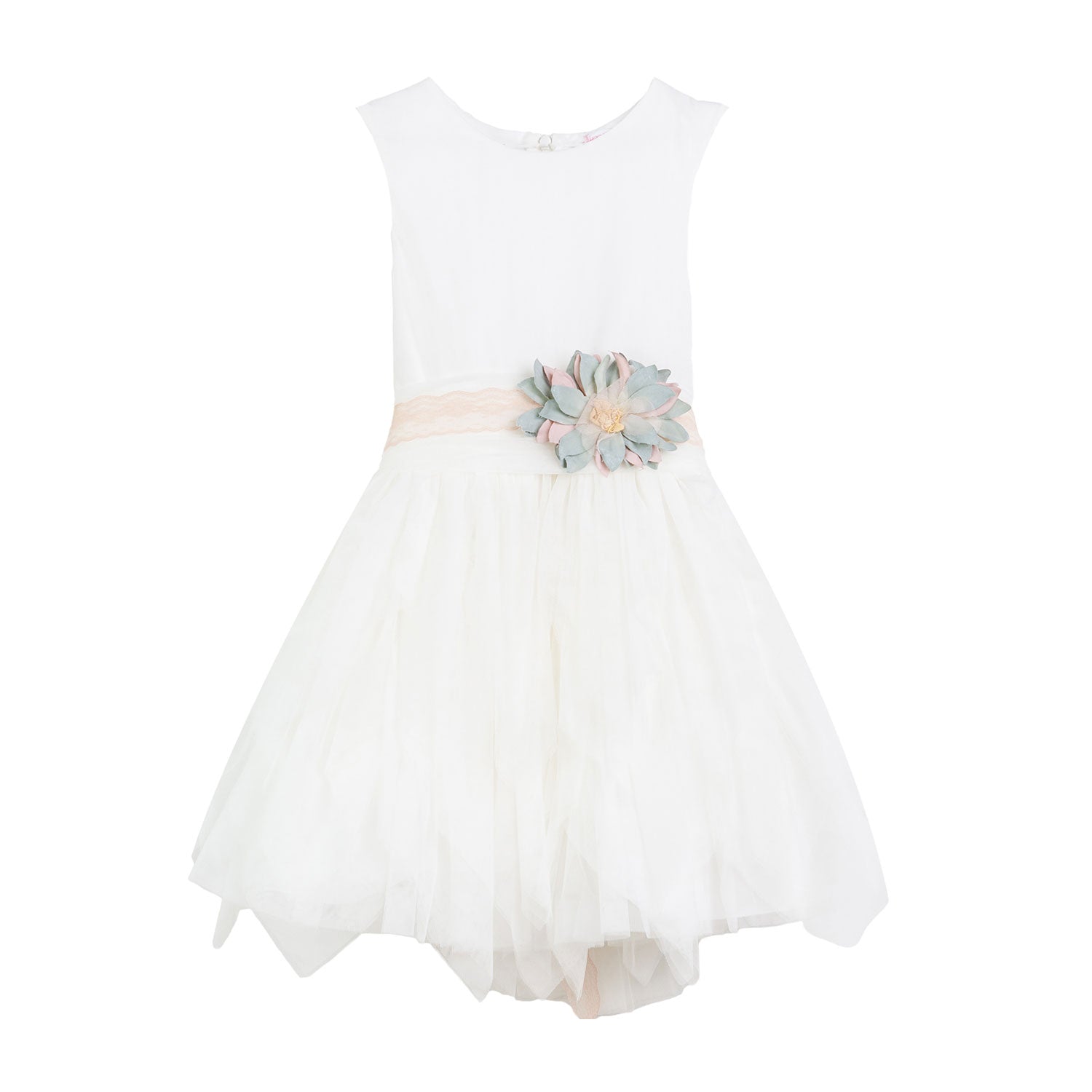 ABITO TULLE BIANCO CON SPILLA FIORE CELESTE E ROSA - annameglio.com abbigliamento moda