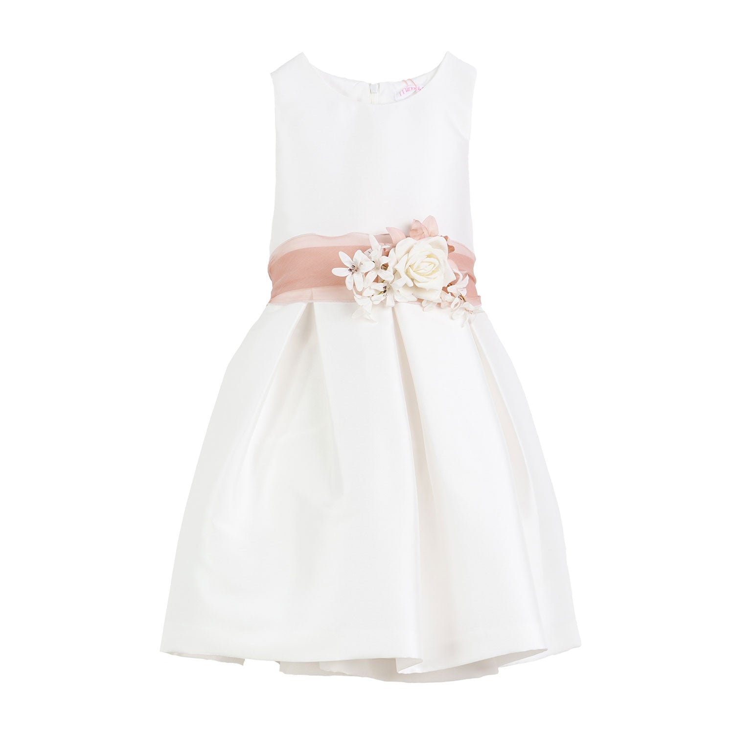 ABITO MIKADO BIANCO CON CINTA ROSA ANTICO - annameglio.com abbigliamento moda