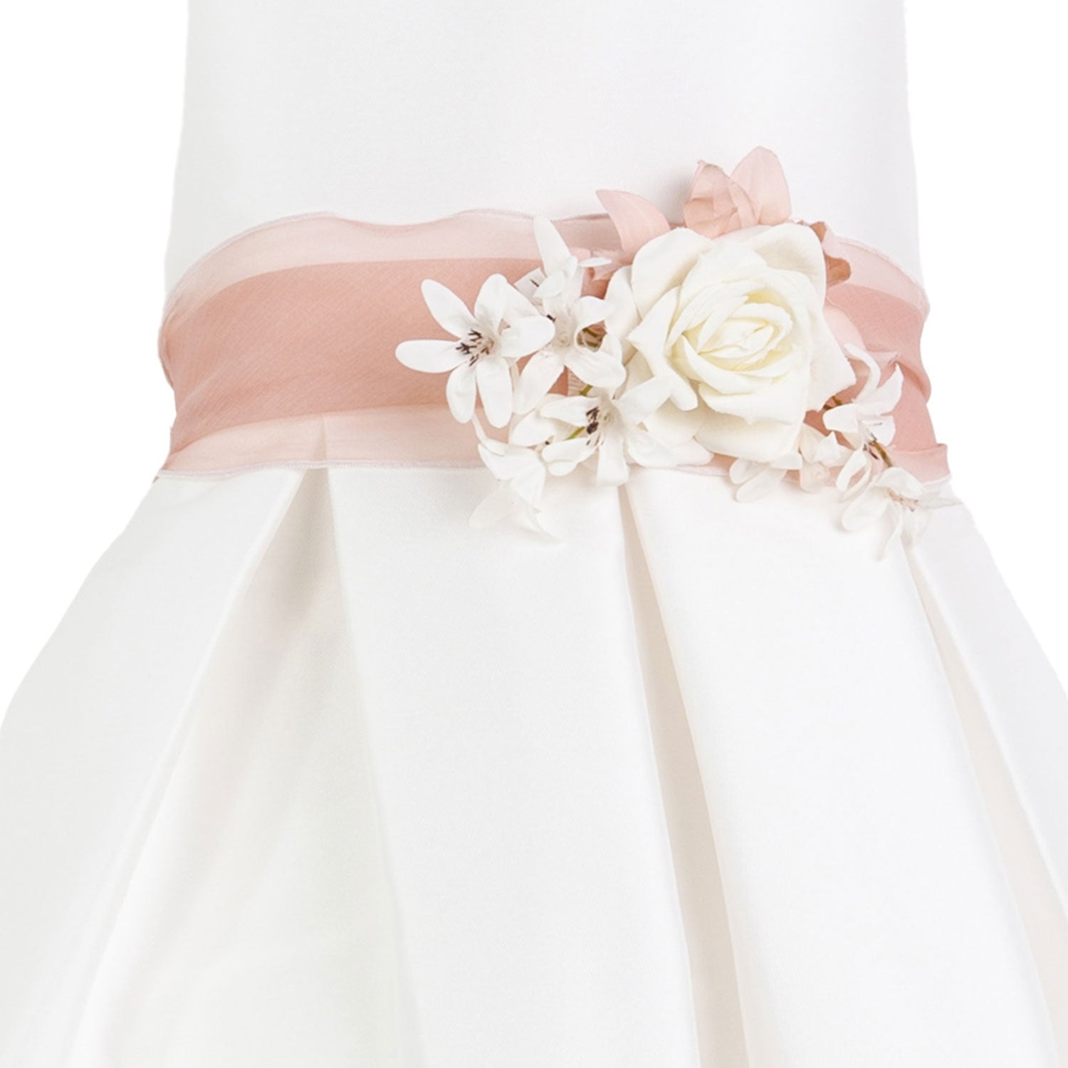 ABITO MIKADO BIANCO CON CINTA ROSA ANTICO - annameglio.com abbigliamento moda