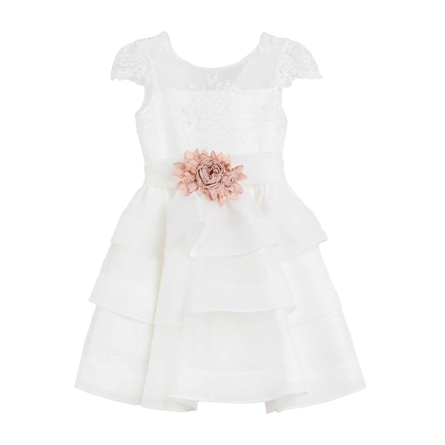ABITO TULLE BIANCO RICAMATO CON BALZE E FIORI ROSA - annameglio.com abbigliamento moda