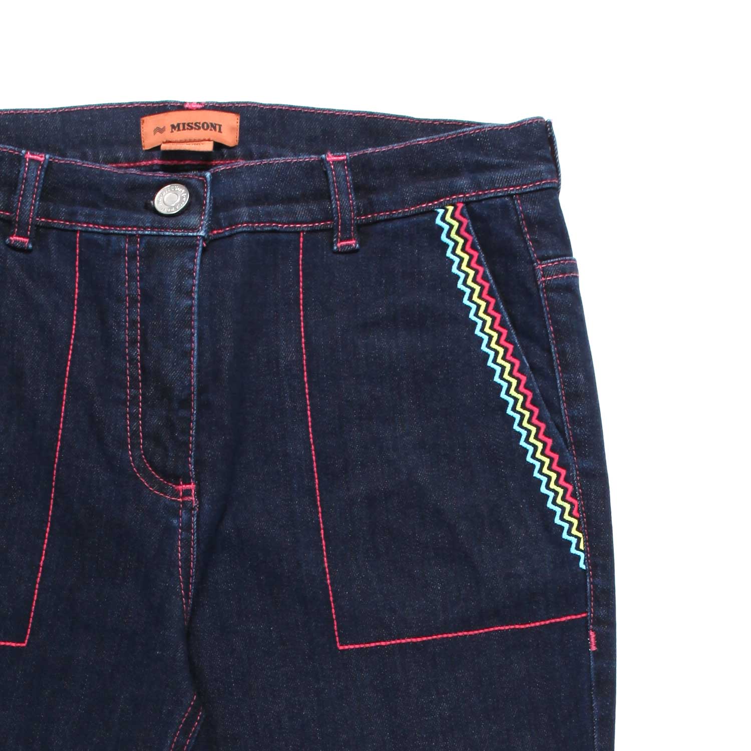JEANS BLU SCURO A ZAMPA CON ZIG ZAG MULTICOLOR - annameglio.com abbigliamento moda