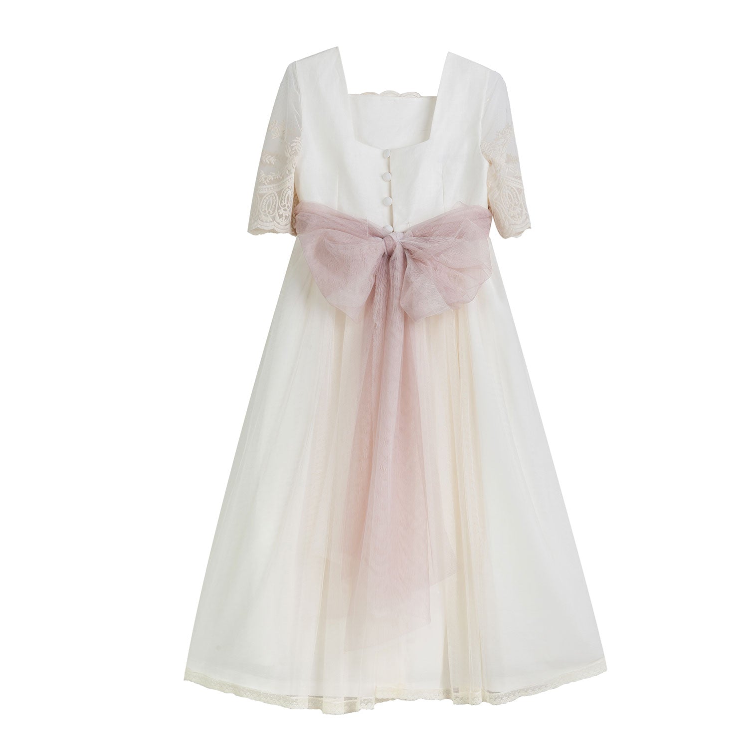 ABITO MIDI BIANCO NATURALE CON CINTURA TULLE ROSA - annameglio.com abbigliamento moda