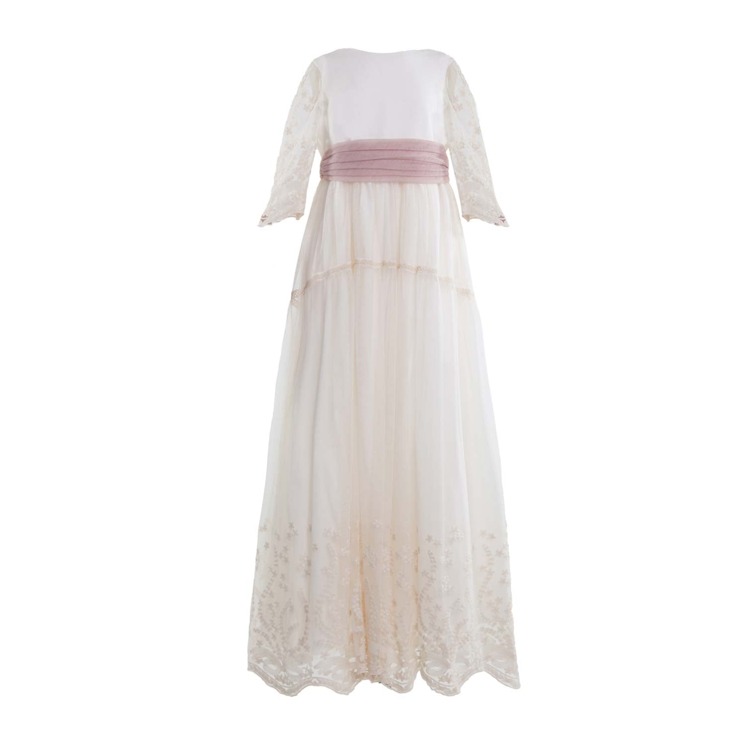 ABITO LUNGO BIANCO NATURALE CON CINTA TULLE ROSA - annameglio.com abbigliamento moda