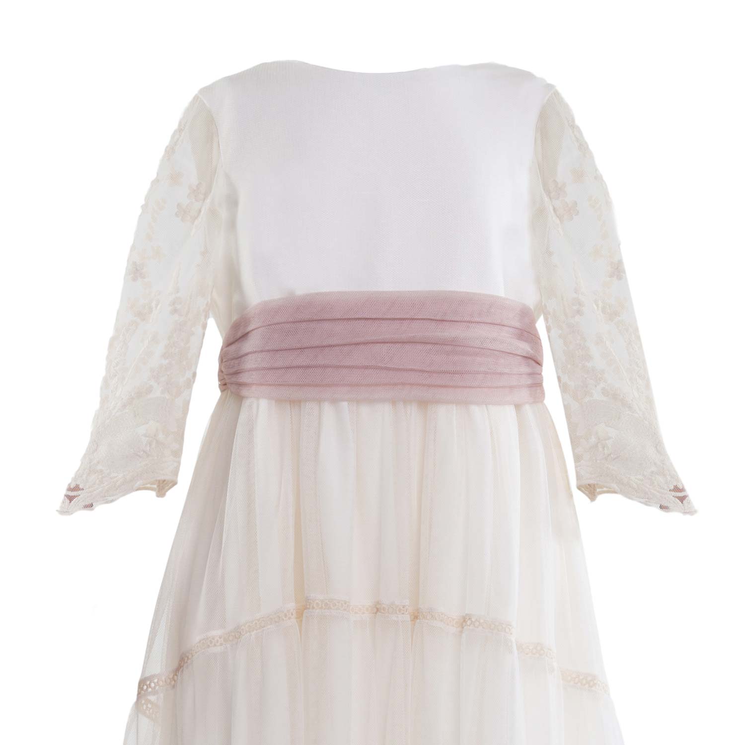 ABITO LUNGO BIANCO NATURALE CON CINTA TULLE ROSA - annameglio.com abbigliamento moda