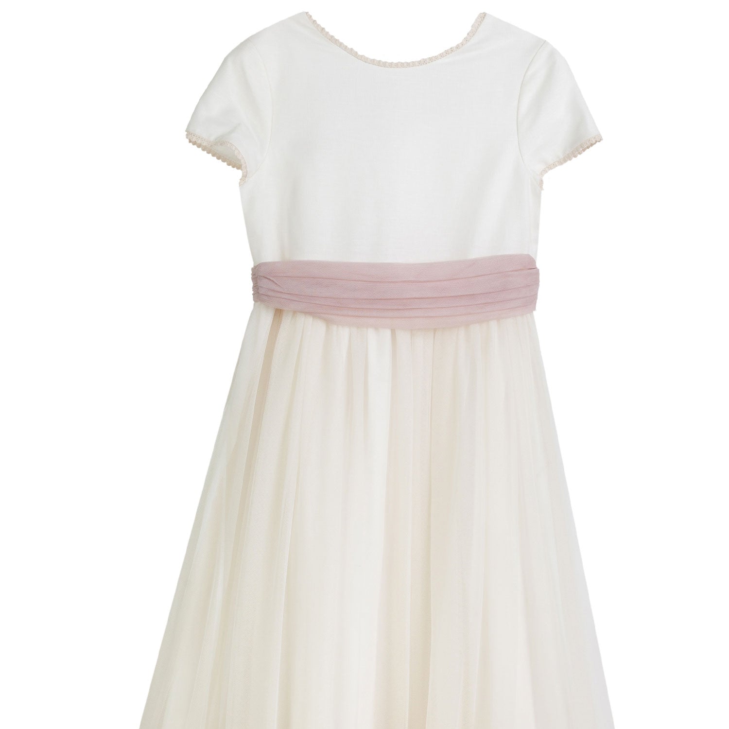 ABITO LUNGO BIANCO NATURALE CON CINTURA TULLE ROSA - annameglio.com abbigliamento moda