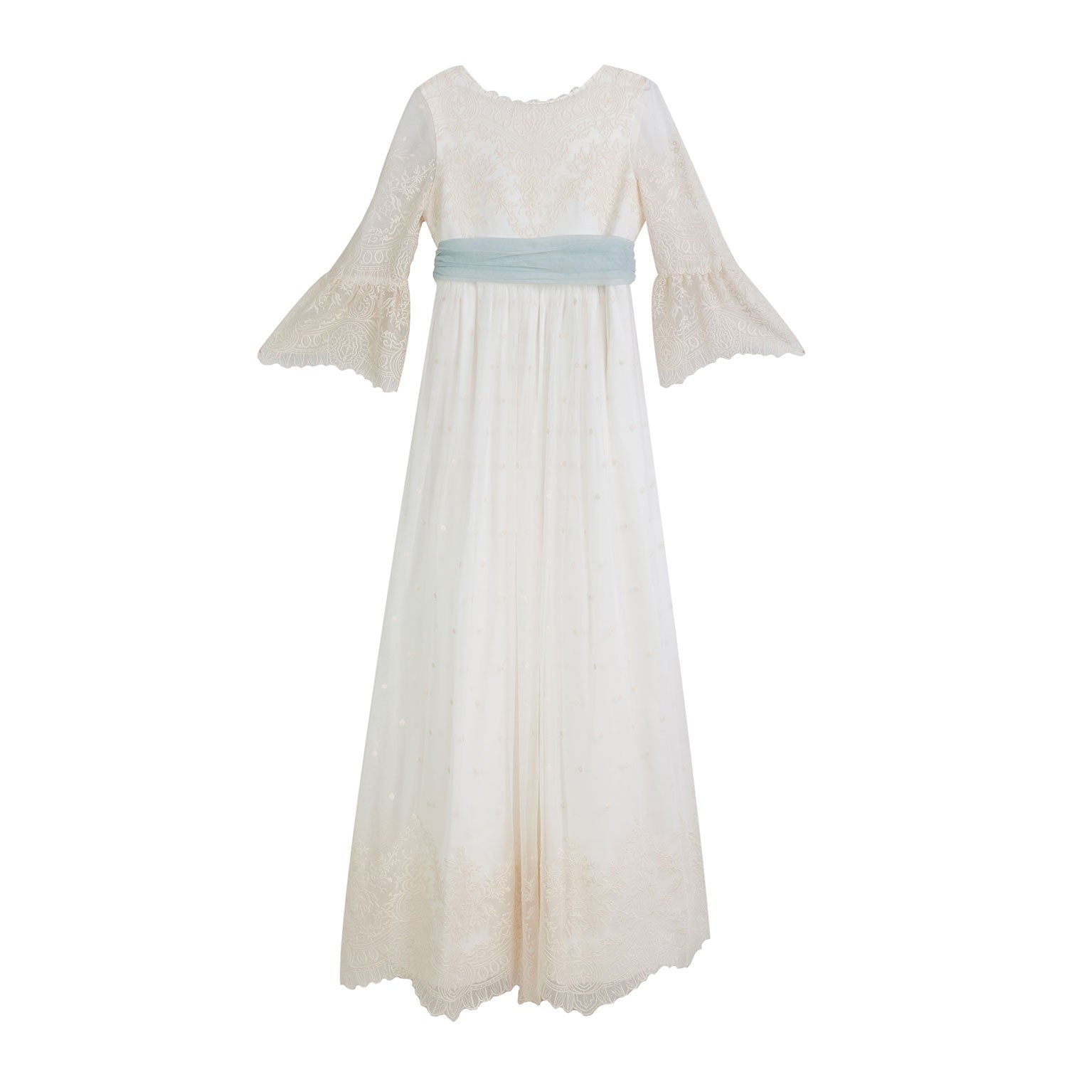 ABITO LUNGO BIANCO NATURALE CON CINTURA CELESTE - annameglio.com abbigliamento moda