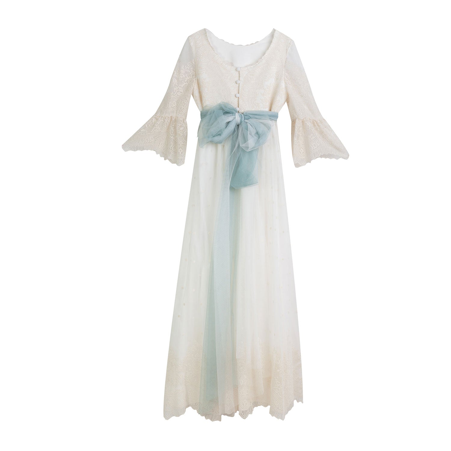 ABITO LUNGO BIANCO NATURALE CON CINTURA CELESTE - annameglio.com abbigliamento moda