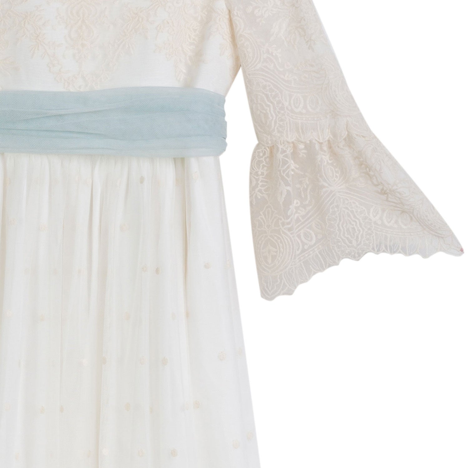 ABITO LUNGO BIANCO NATURALE CON CINTURA CELESTE - annameglio.com abbigliamento moda