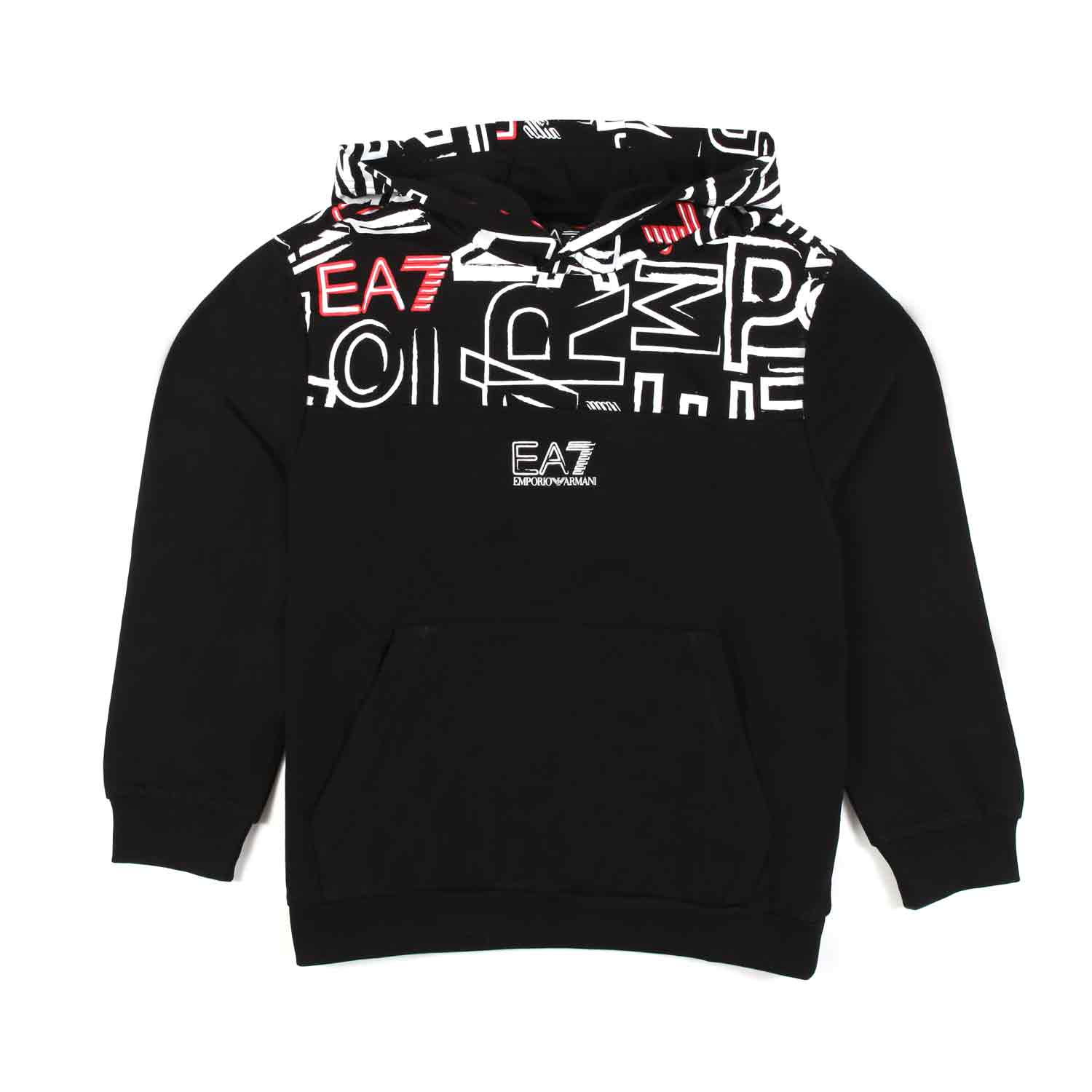 FELPA HOODIE NERA CON LOGHI EA7 BIANCHI E ROSSI - annameglio.com abbigliamento moda