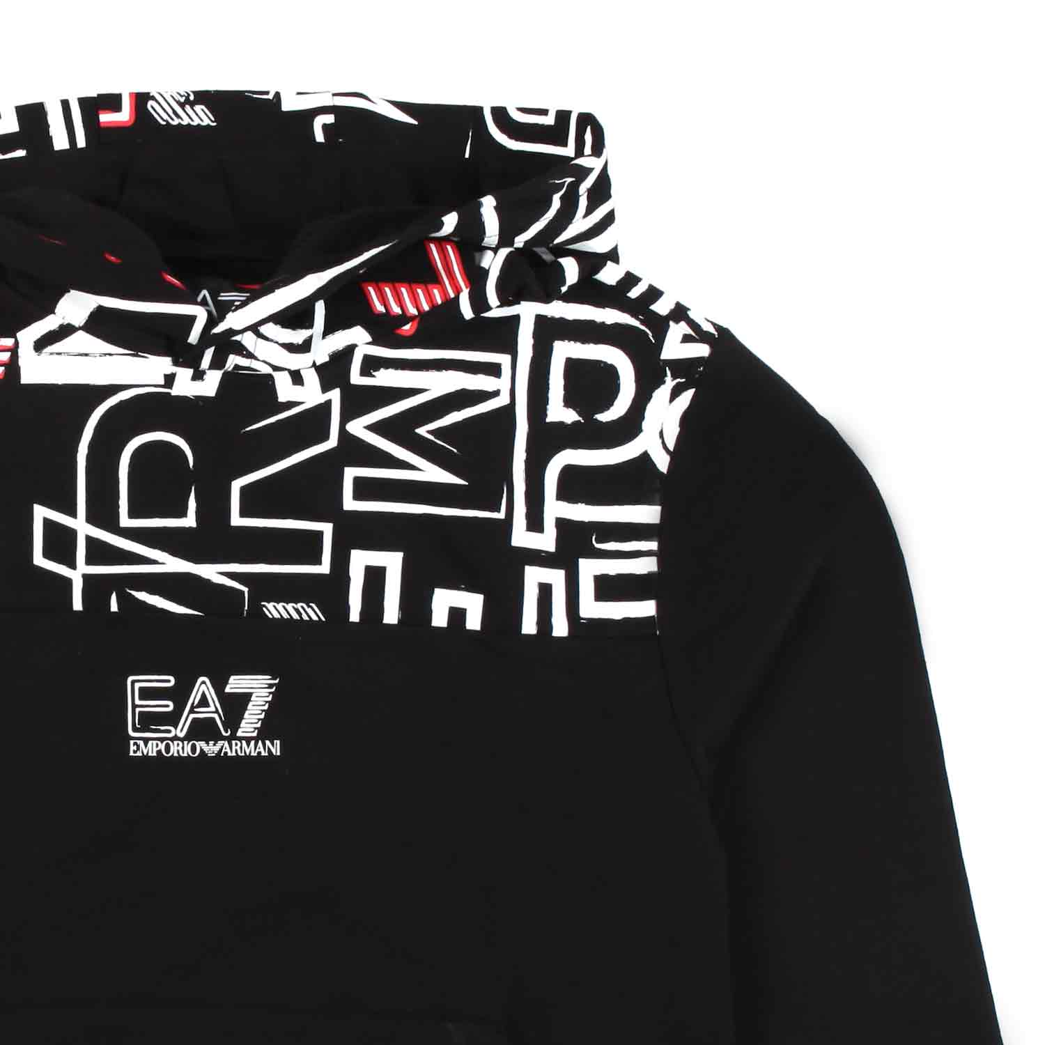 FELPA HOODIE NERA CON LOGHI EA7 BIANCHI E ROSSI - annameglio.com abbigliamento moda