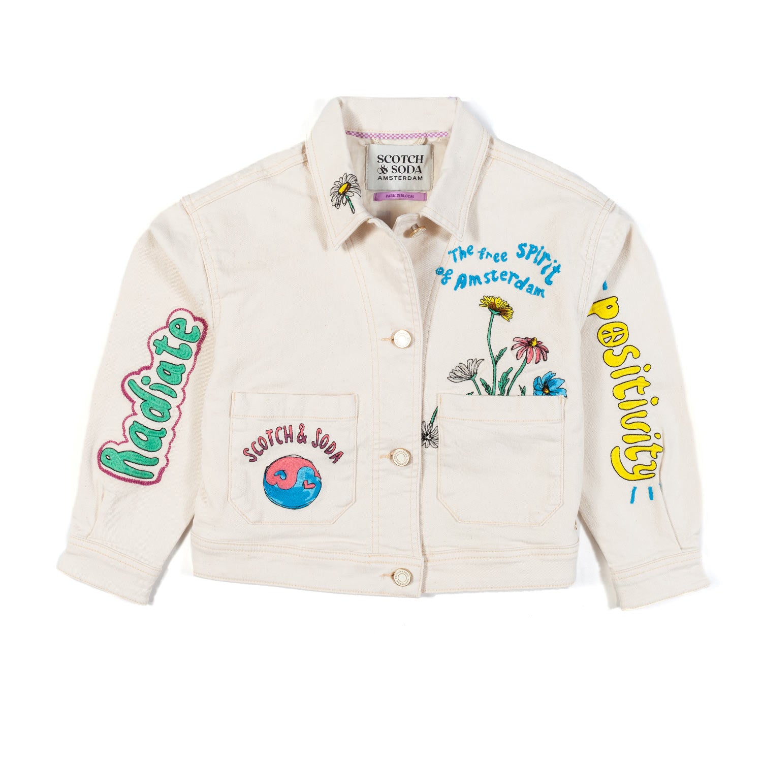 GIACCA DENIM BIANCO CREMA CON RICAMI MULTICOLOR - annameglio.com abbigliamento moda