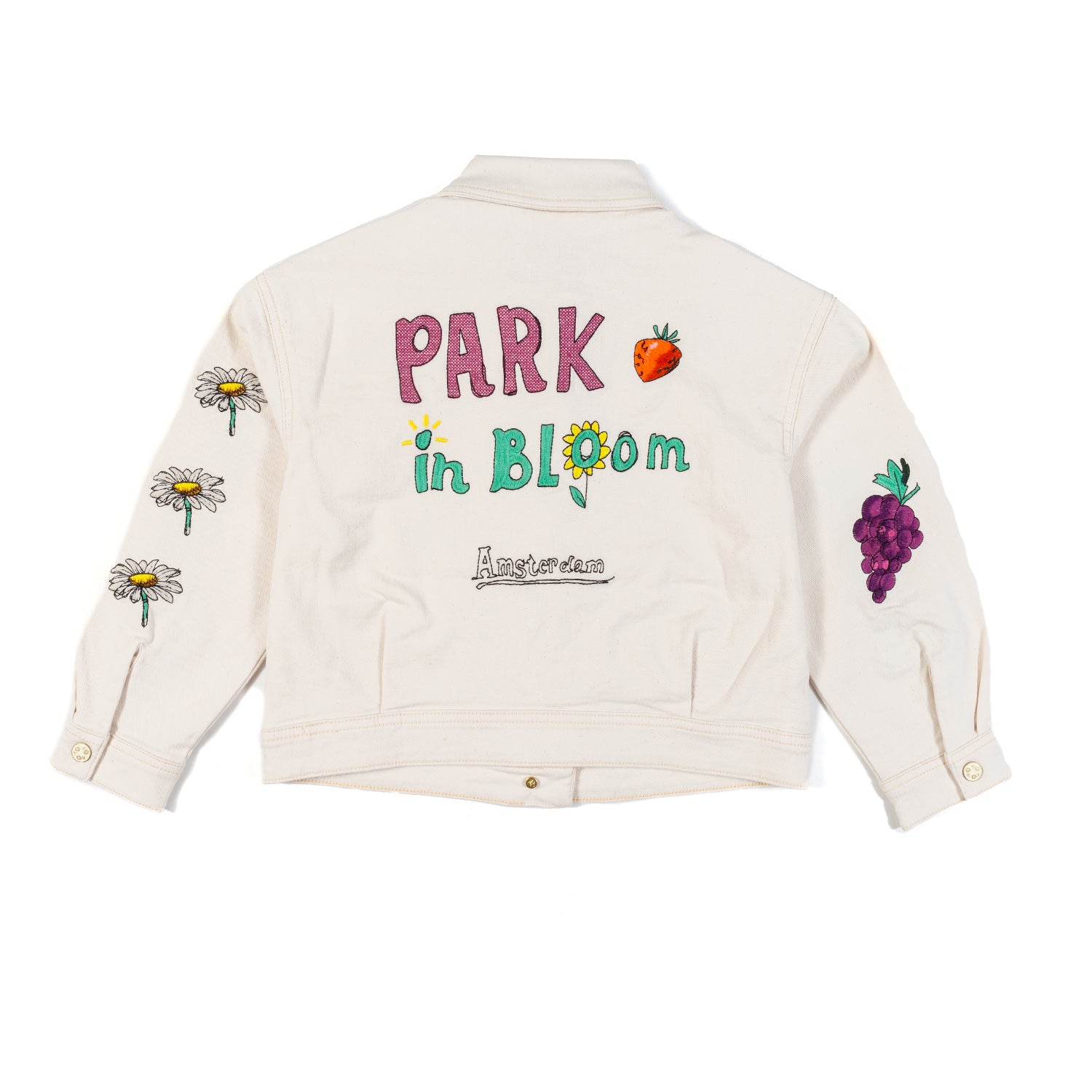 GIACCA DENIM BIANCO CREMA CON RICAMI MULTICOLOR - annameglio.com abbigliamento moda