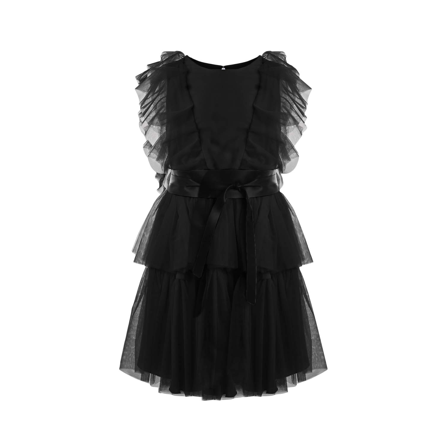 ABITO TULLE NERO A BALZE CON CINTA IN TONO - annameglio.com abbigliamento moda