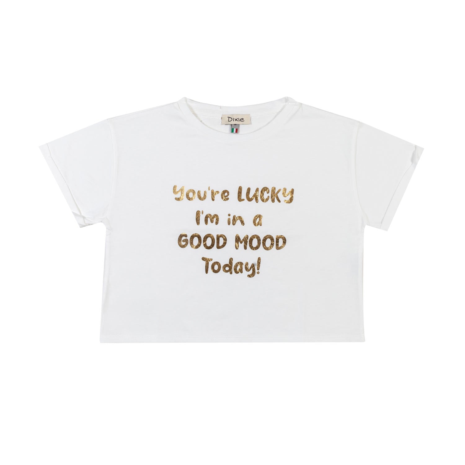 T-SHIRT CROPPED BIANCA CON LETTERING ORO - annameglio.com abbigliamento moda