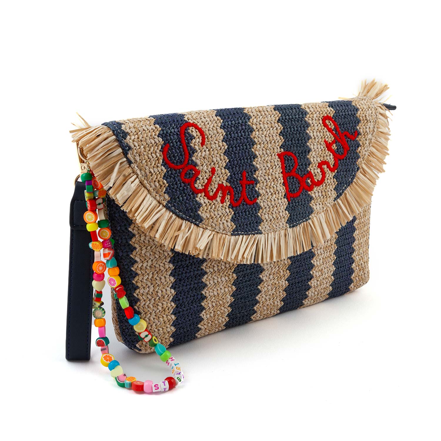 POCHETTE DI PAGLIA A STRISCE NATURALE E BLU SCURO - annameglio.com abbigliamento moda