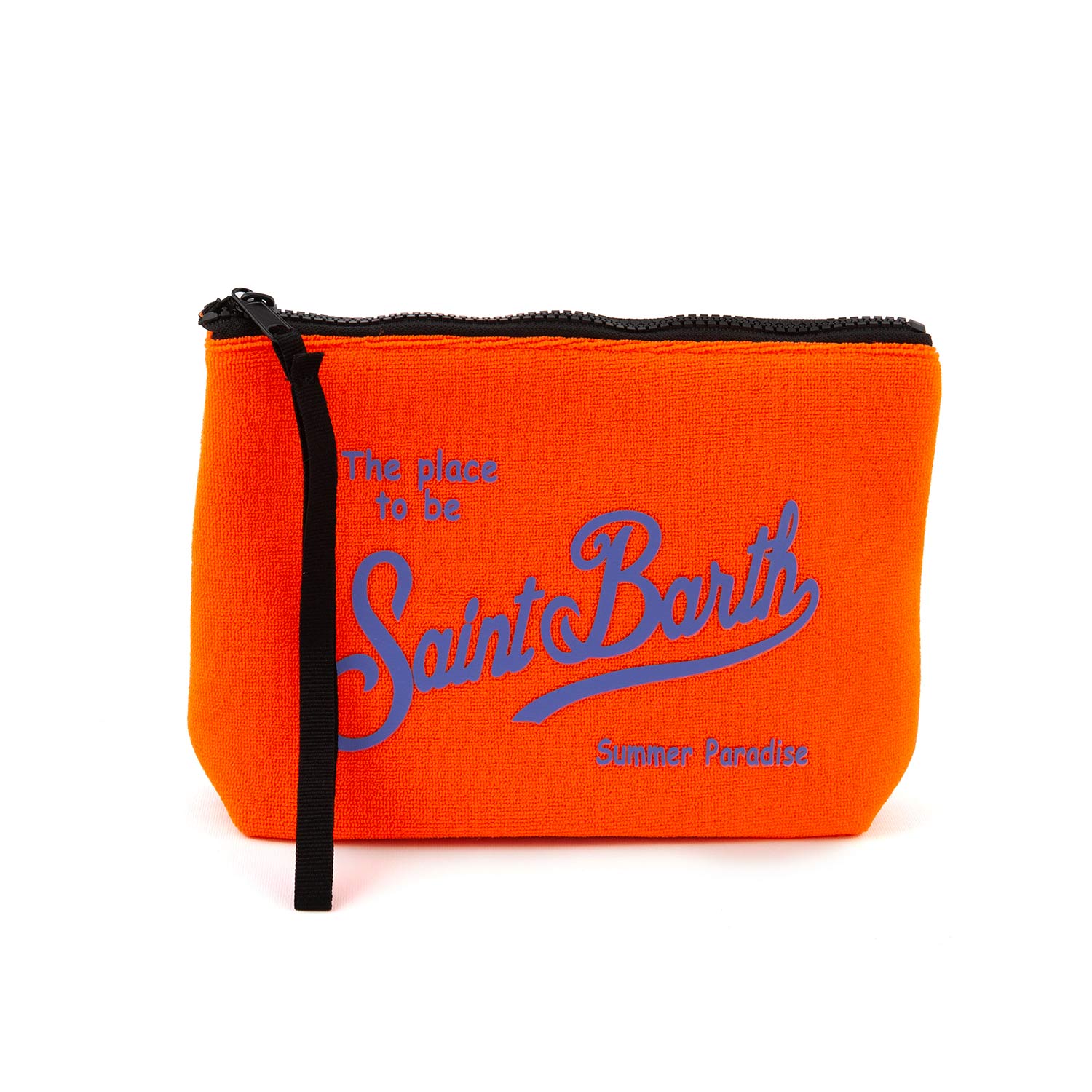 POCHETTE ALINE SPONGE ARANCIO FLUO CON LOGHI VIOLA - annameglio.com abbigliamento moda