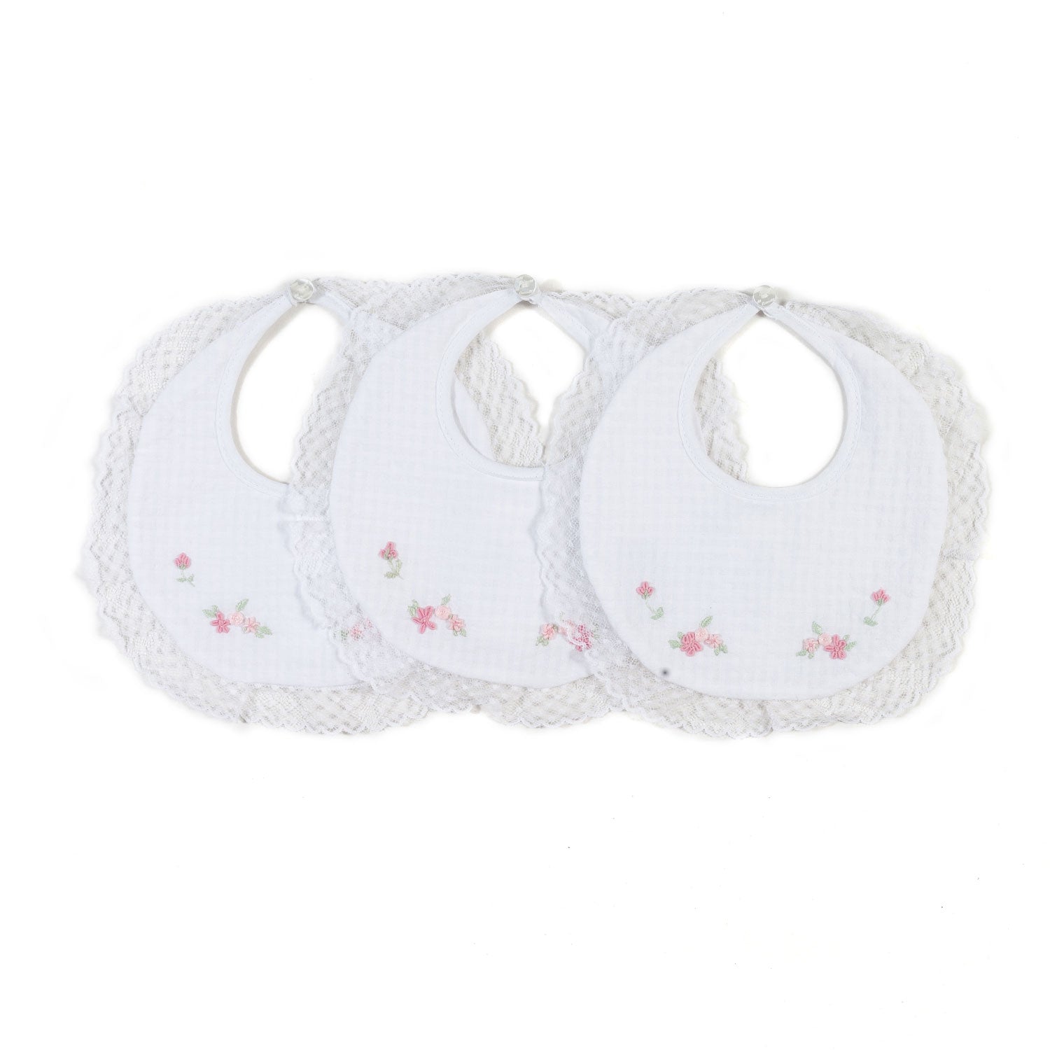 SET 3 BAVAGLINI BIANCHI E ROSA RICAMATI NEONATA - annameglio.com abbigliamento moda