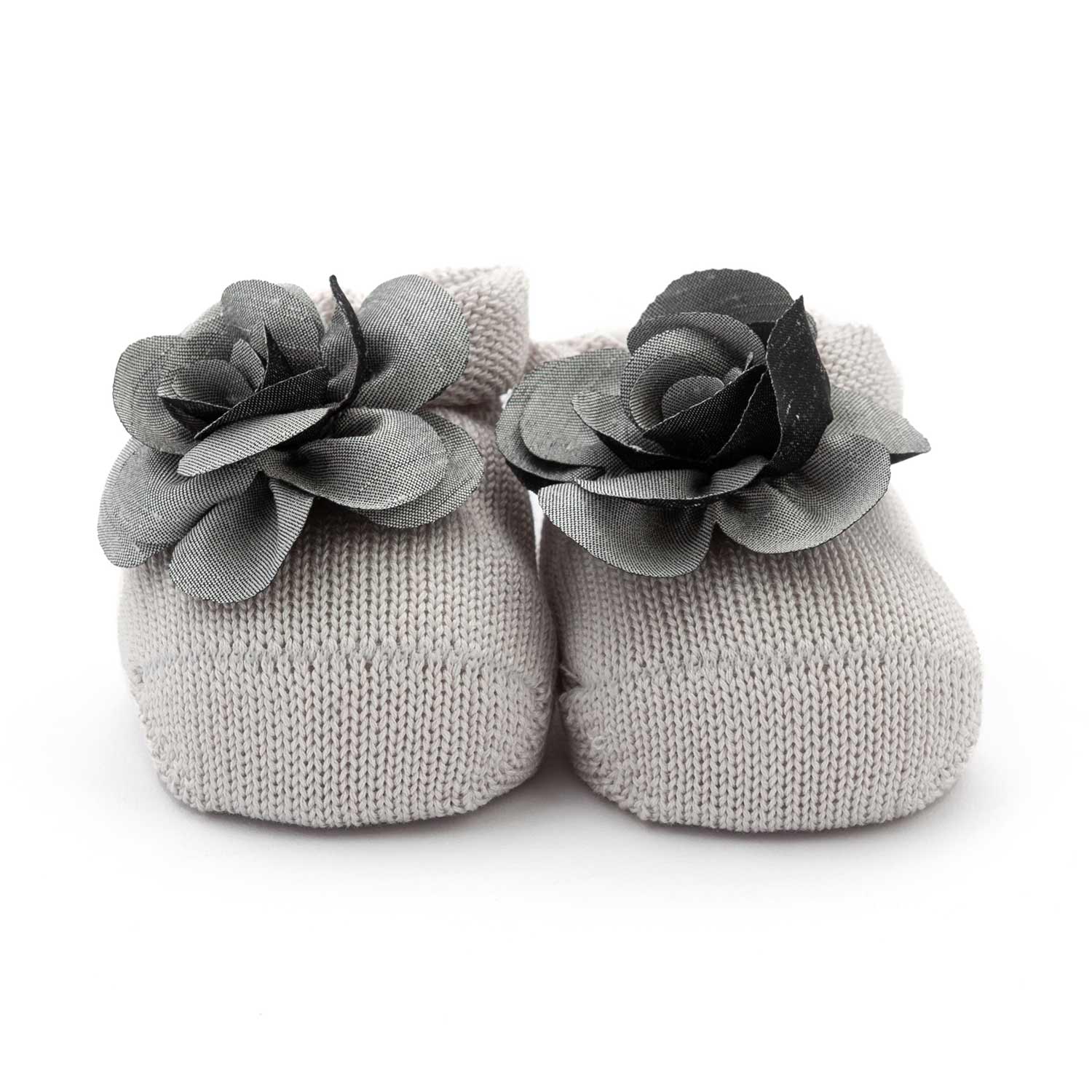 BABBUCCE TRICOT GRIGIO PERLA CON FIORE NEONATA - annameglio.com abbigliamento moda