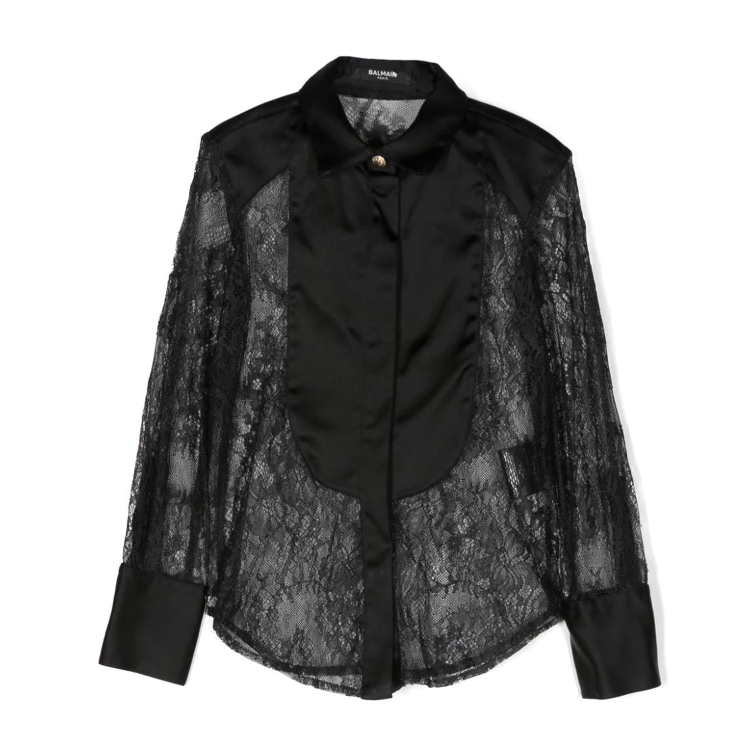 CAMICIA BALMAIN NERA IN PIZZO CHANTILLY - annameglio.com abbigliamento moda