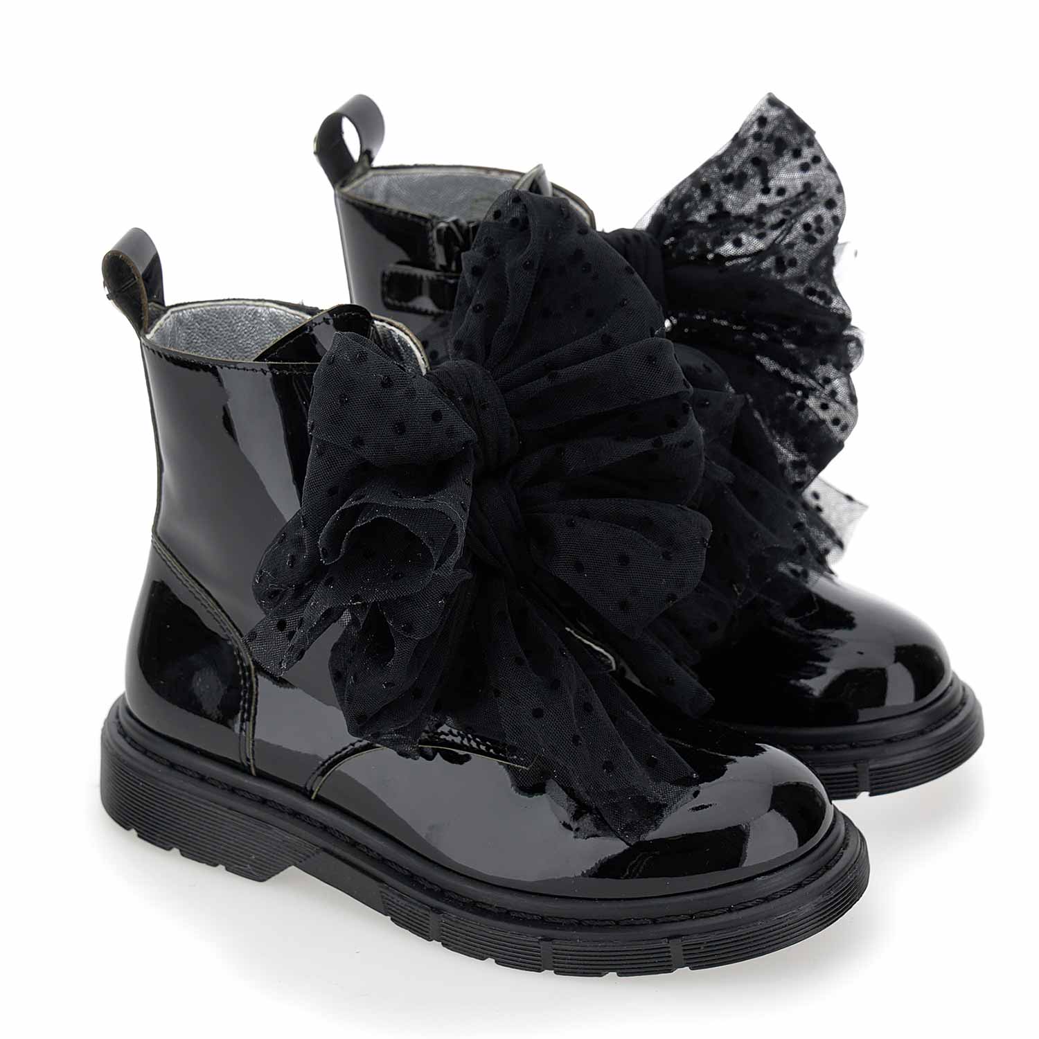 Anfibi Monnalisa nero lucido con fiocchi in tulle - annameglio.com abbigliamento moda