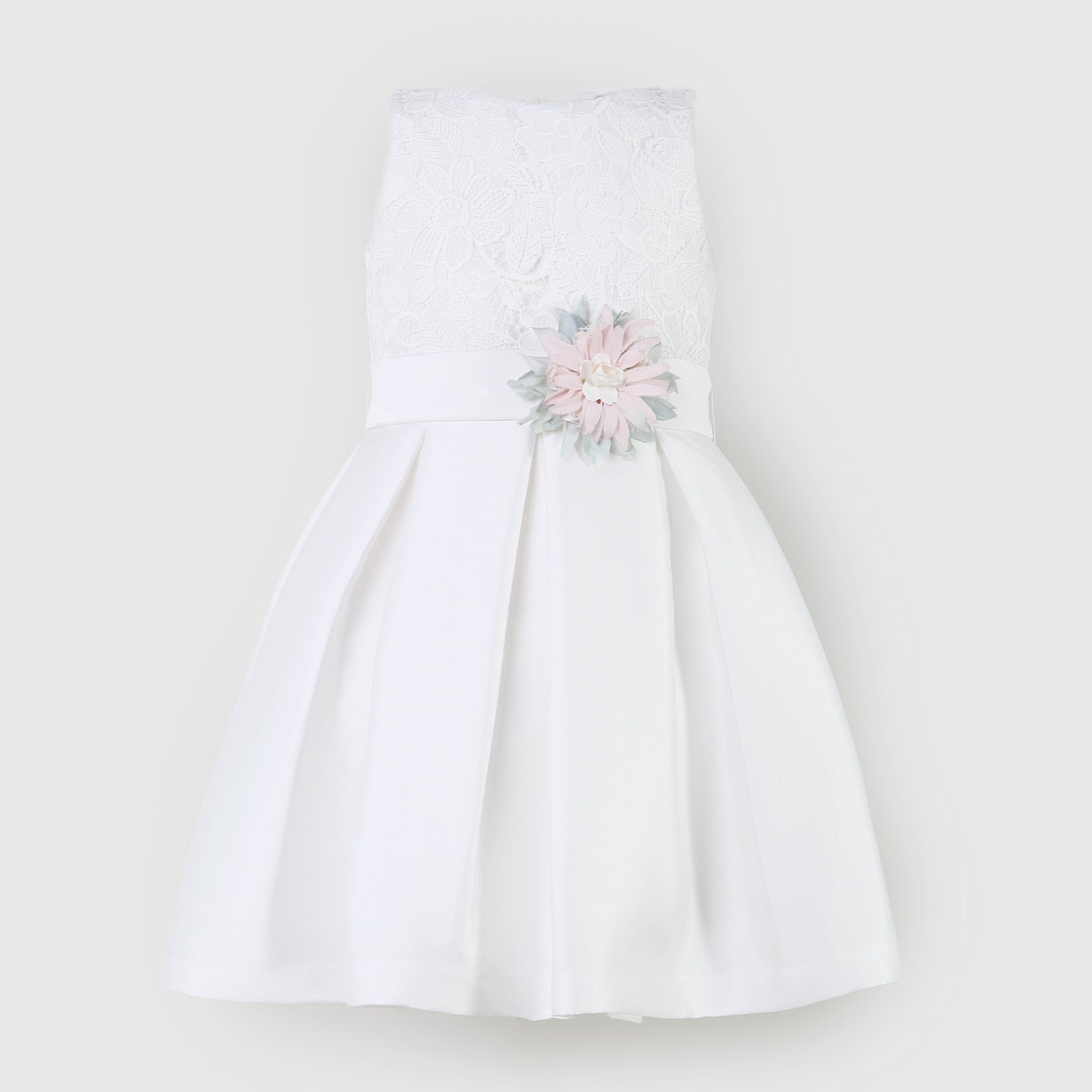 Vestito bianco con spilla floreale rosa e verde - annameglio.com abbigliamento moda