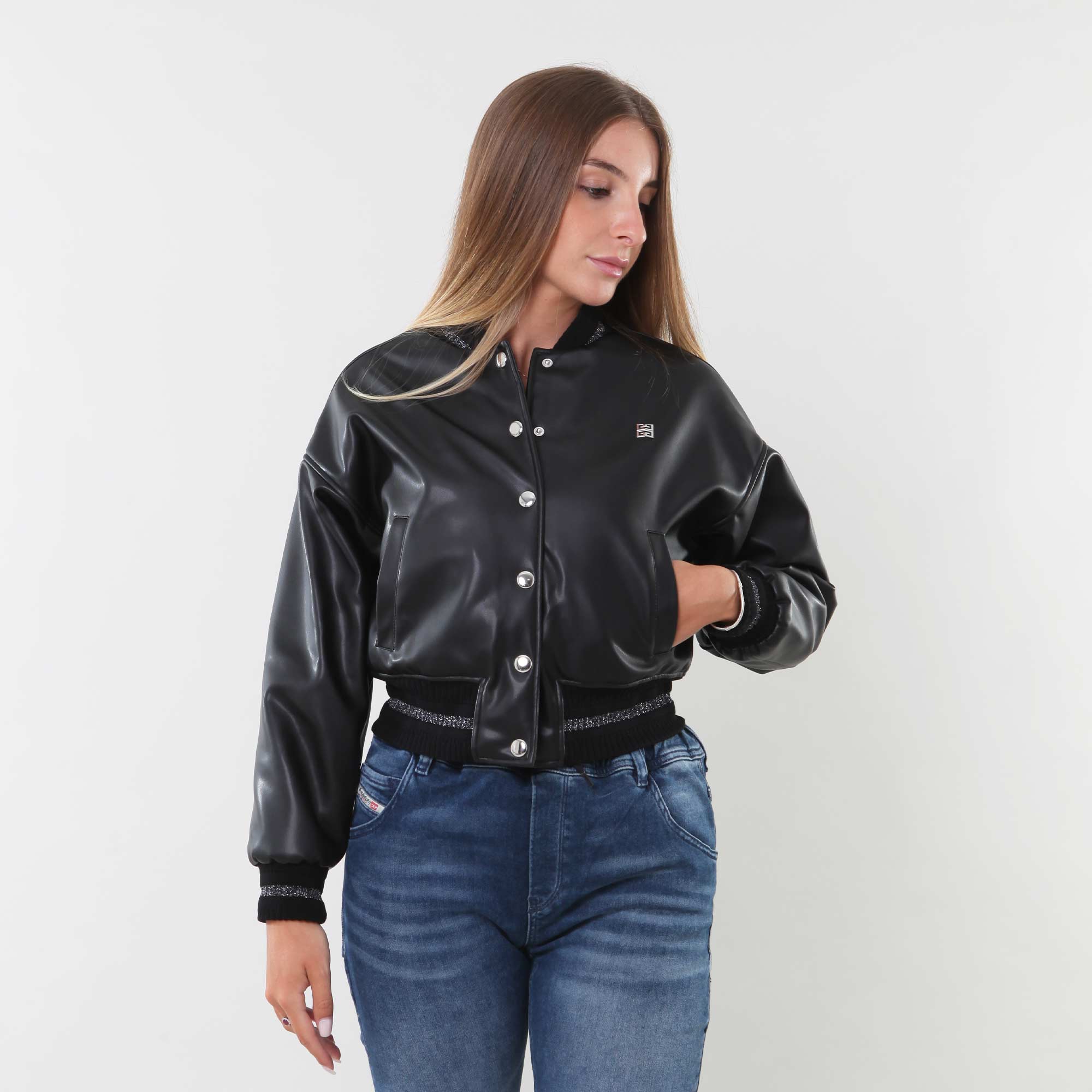 Bomber in ecopelle nero con logo lurex - annameglio.com abbigliamento moda