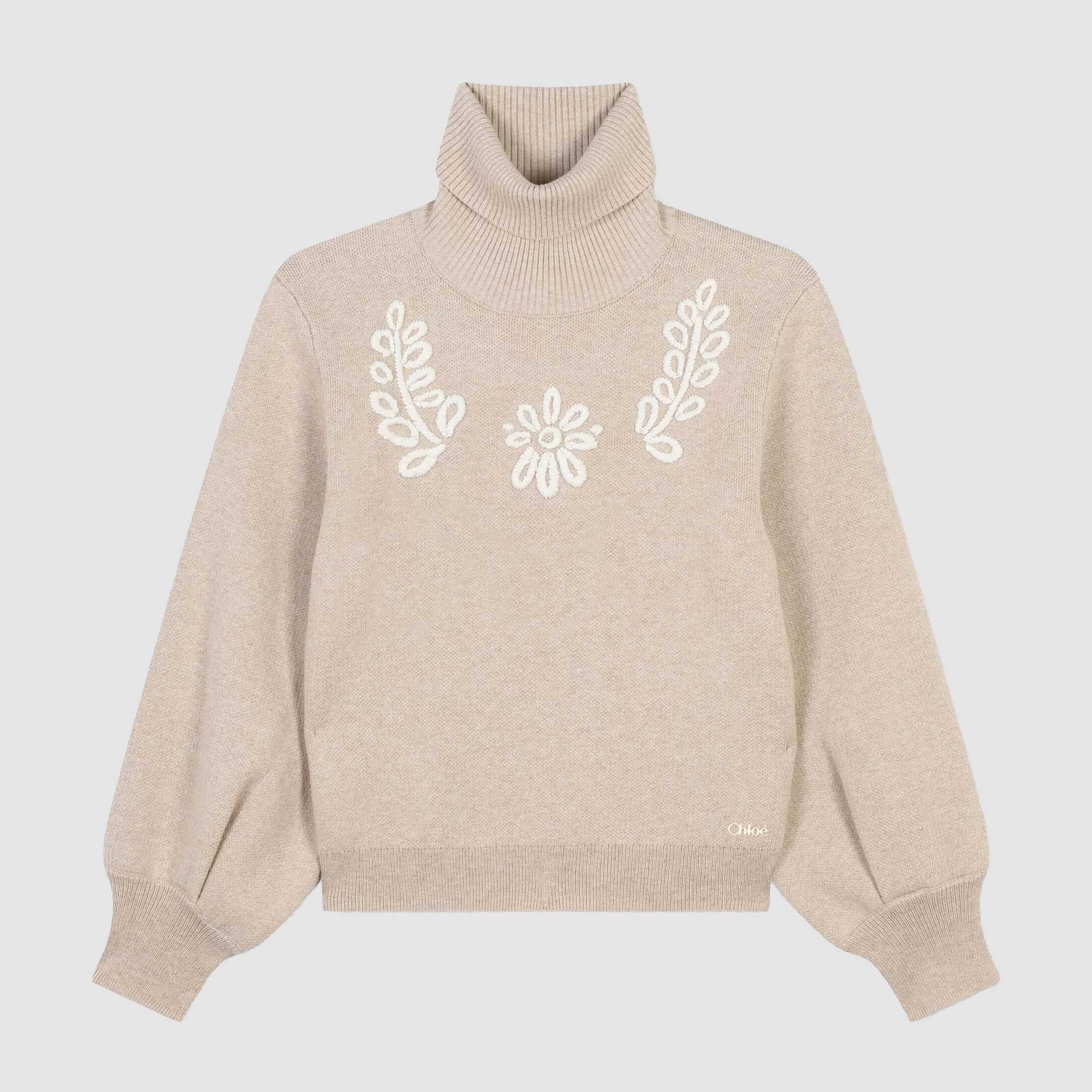 Maglione a collo alto beige con ricamo - annameglio.com abbigliamento moda