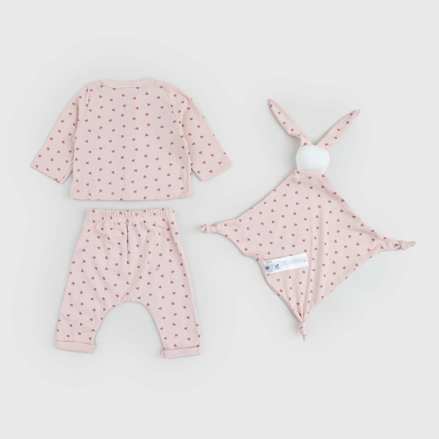 Completino 3pz rosa a cuoricini cotone con doudou - annameglio.com abbigliamento moda