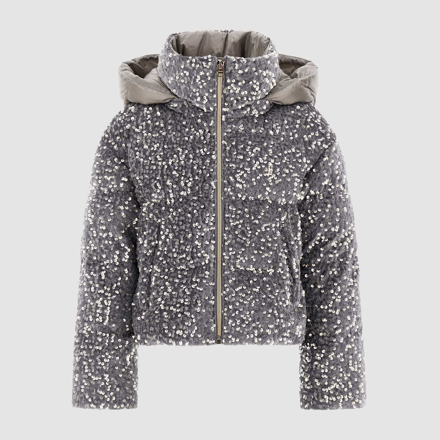 Piumino grigio chiaro in velluto con paillettes - annameglio.com abbigliamento moda