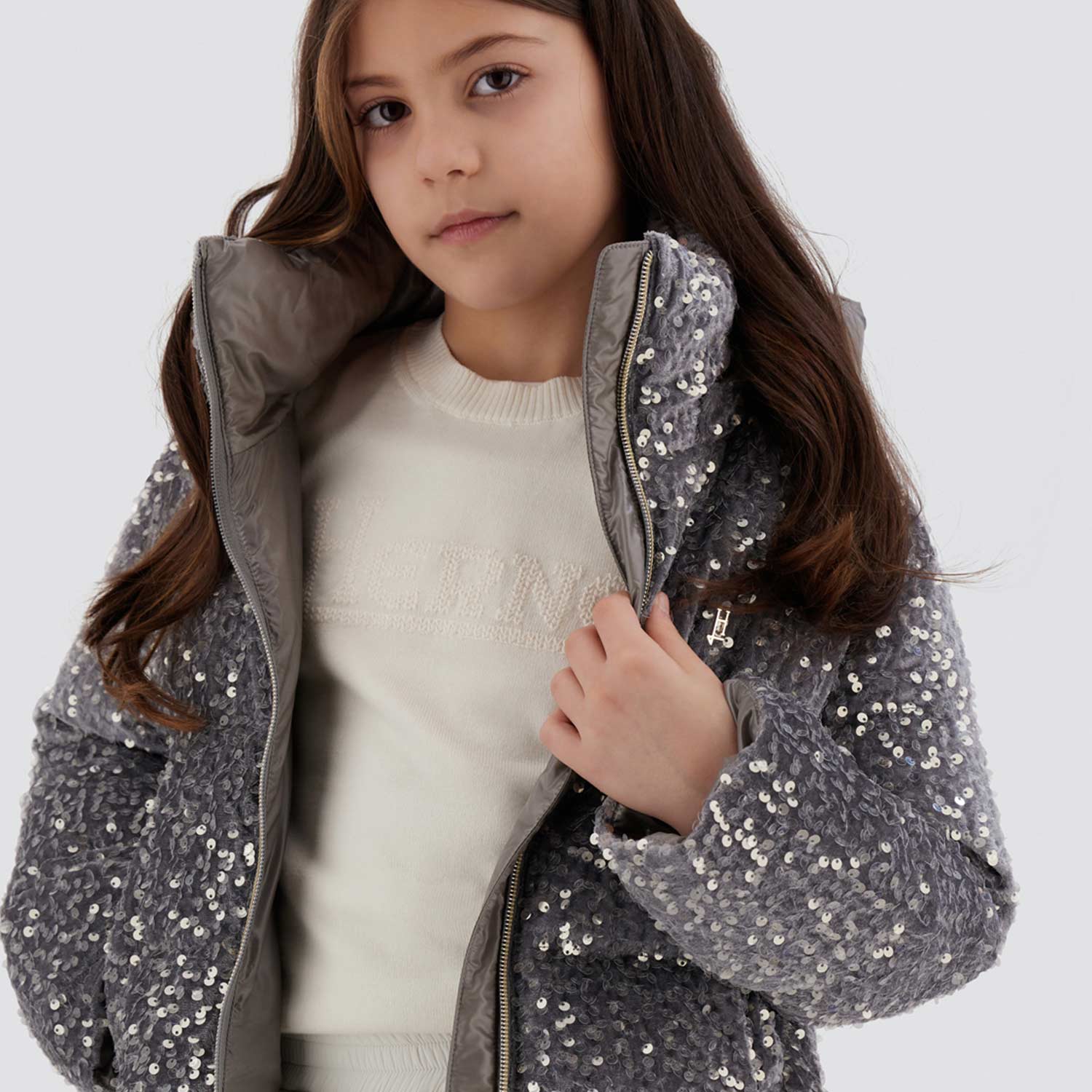 Piumino grigio chiaro in velluto con paillettes - annameglio.com abbigliamento moda