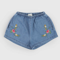BABE AND TESS Blue Shorts with Floral Embroidery