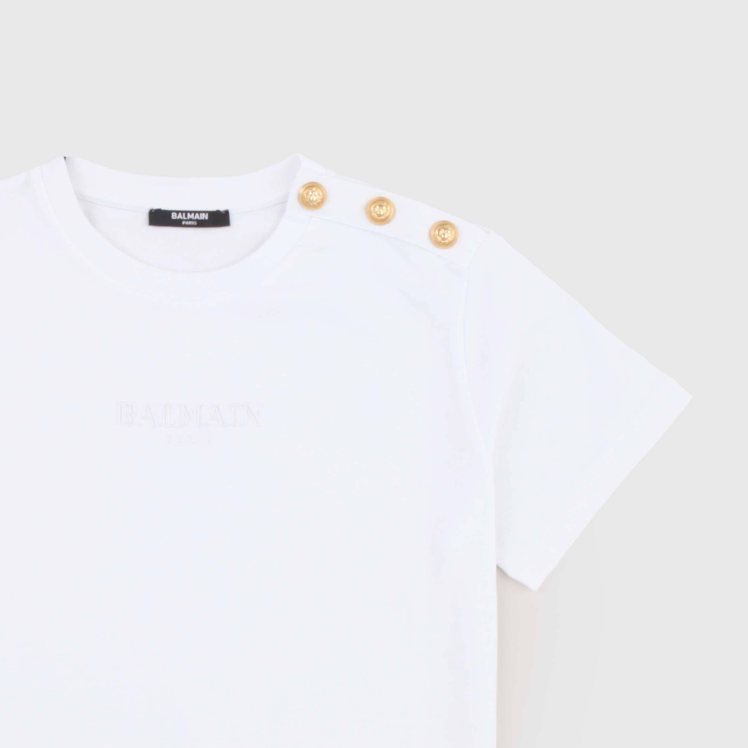 T-Shirt Bianca Bottoni Oro sulle Spalle By BALMAIN
