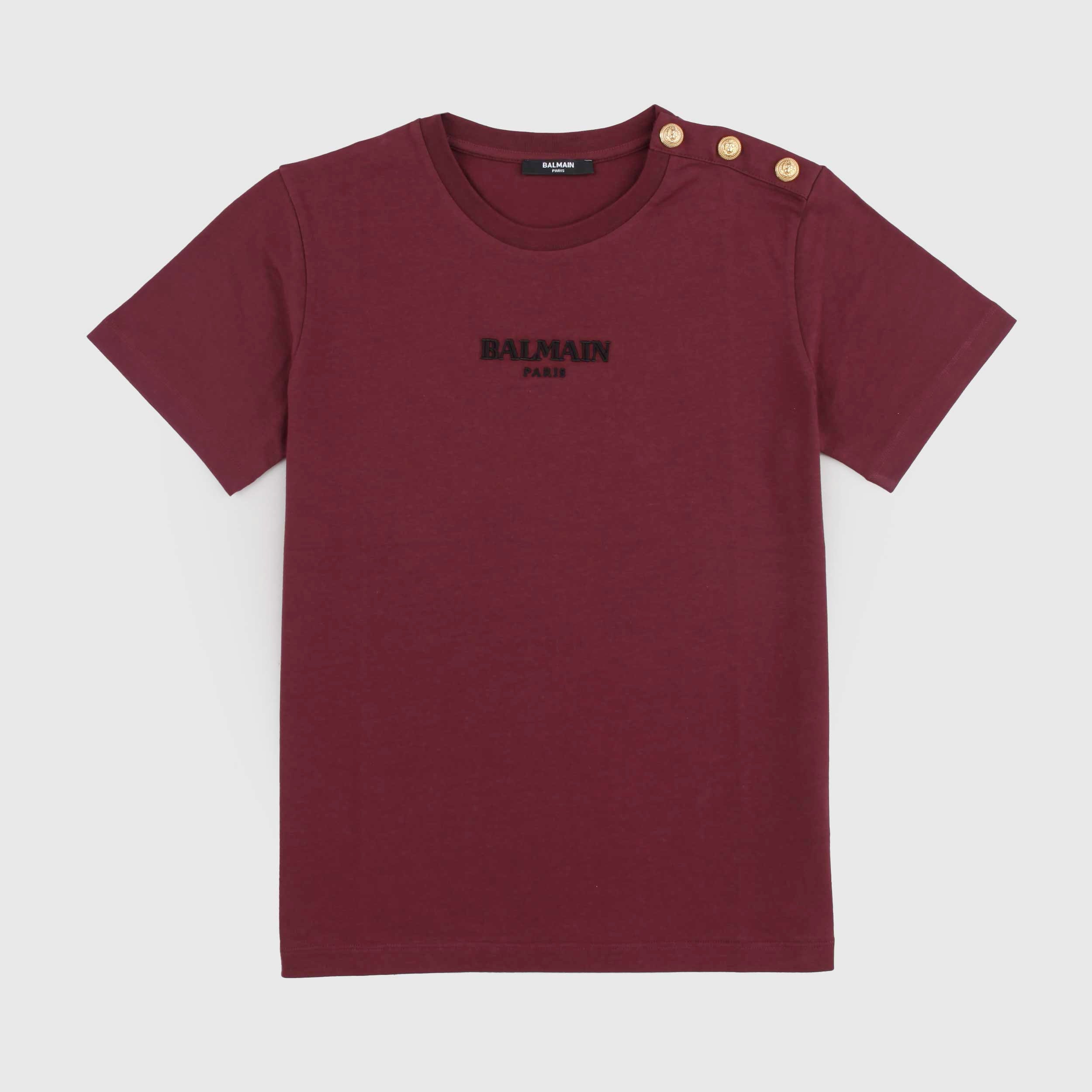 T-shirt Rosso Vino Bottoni Oro sulle Spalle By BALMAIN