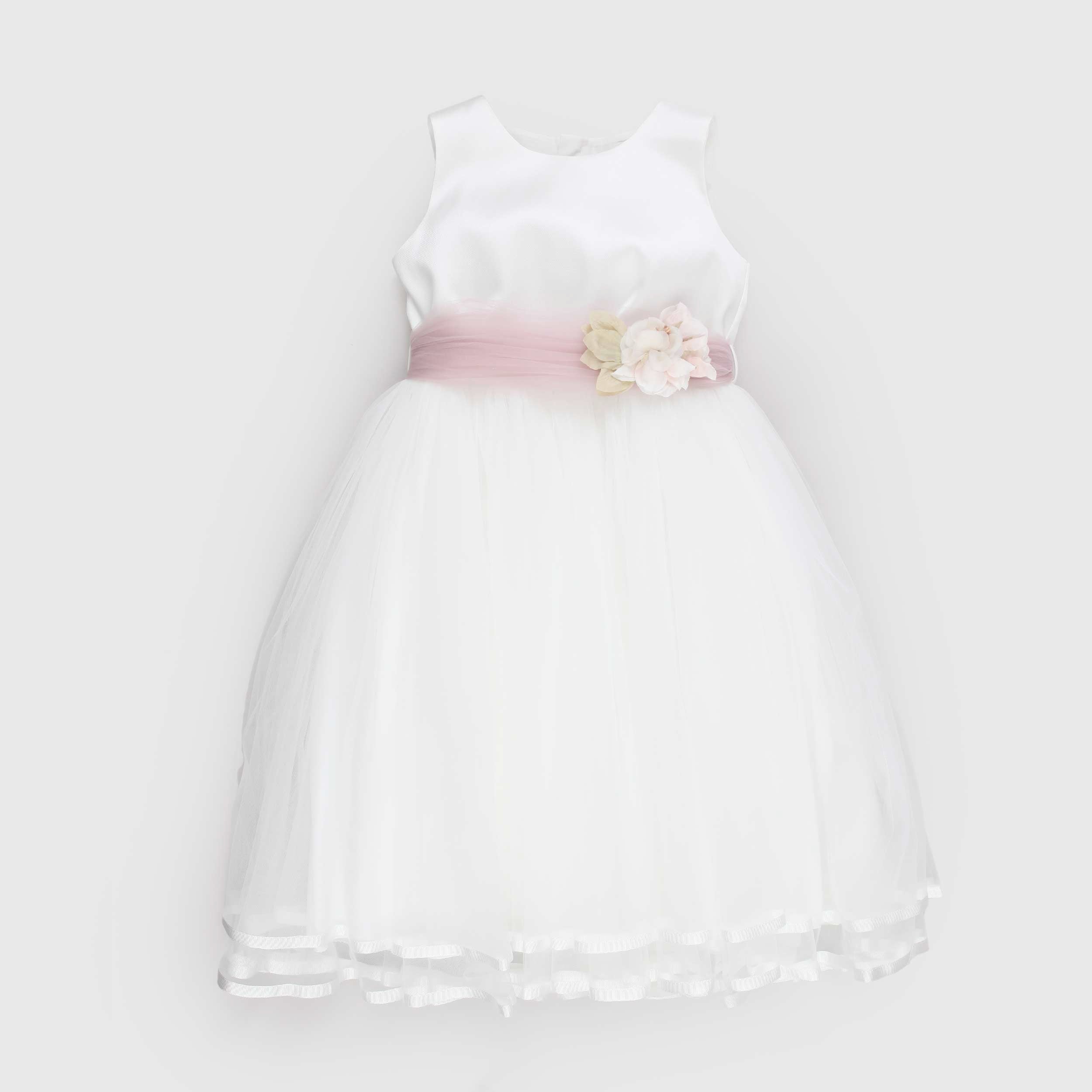 White Dress with Pink Tulle Belt by BELLA BRILLY