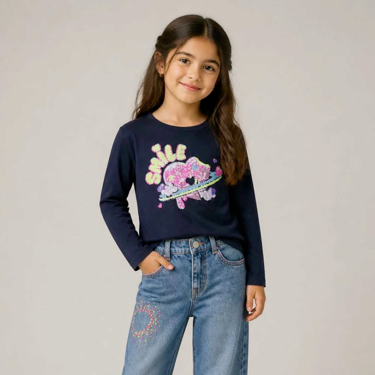 T-shirt Blu Manica Lunga con Paillettes per Bambina BILLIEBLUSH