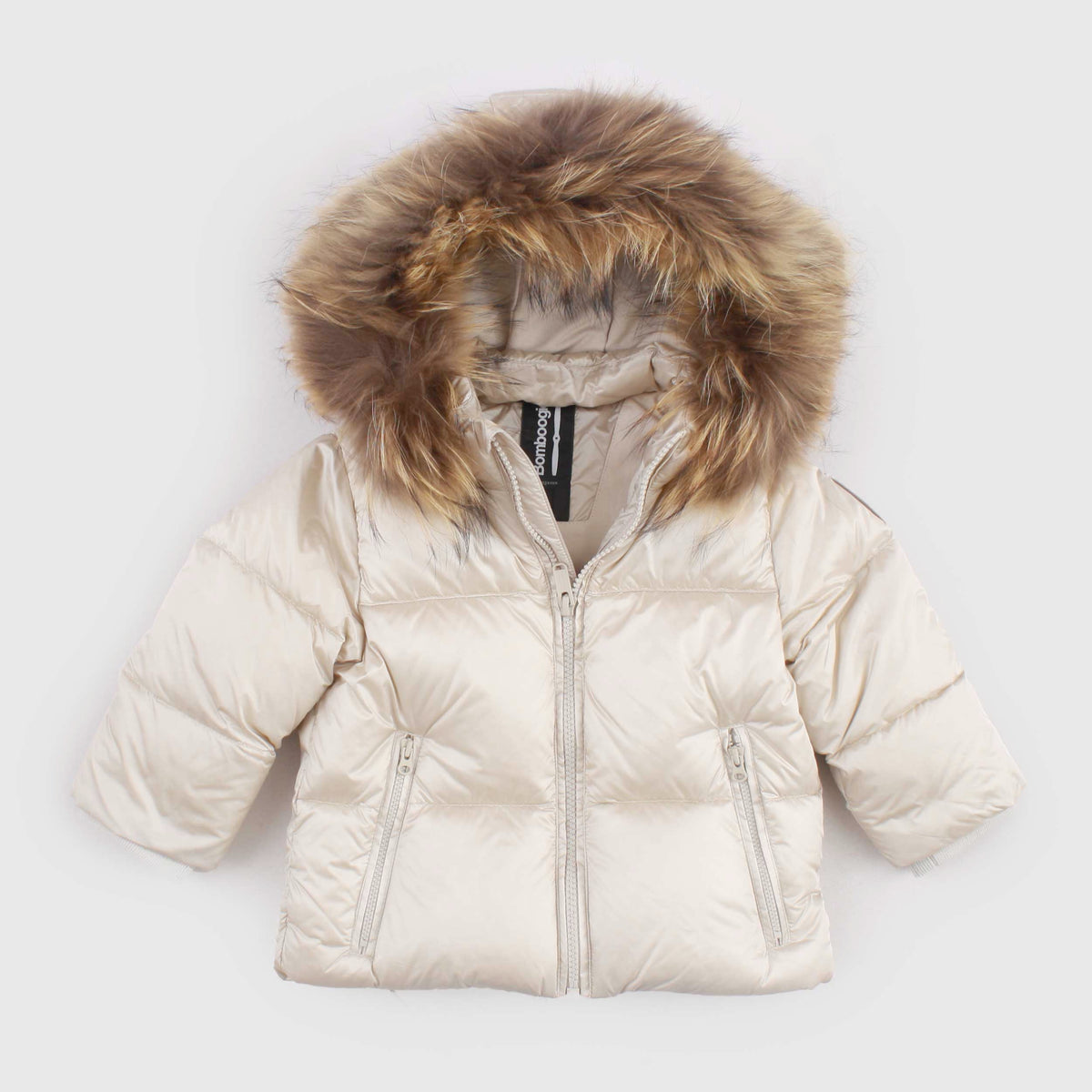 Beige Down Jacket with Raccoon Detail for Newborns by BOMBOOGIE