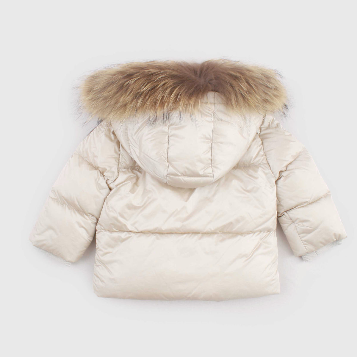 Beige Down Jacket with Raccoon Detail for Newborns by BOMBOOGIE