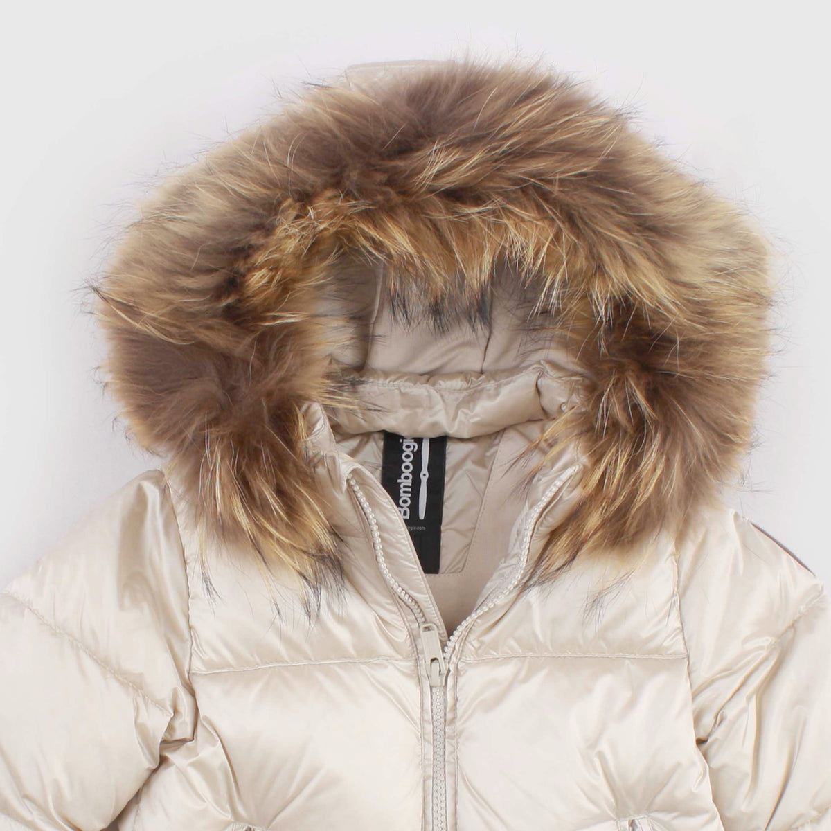 Beige Down Jacket with Raccoon Detail for Newborns by BOMBOOGIE