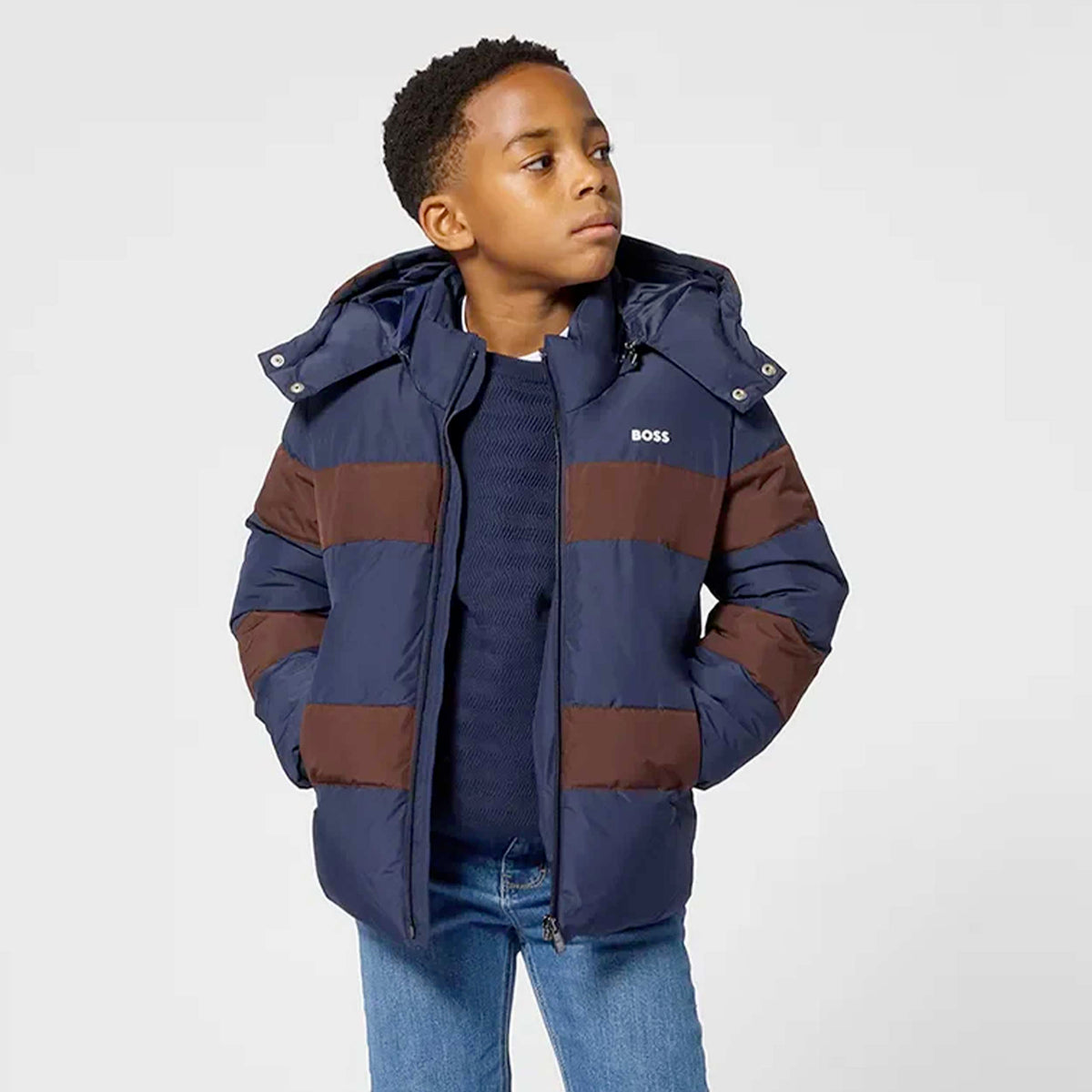 BOSS Blue and Brown Striped Down Jacket for Baby