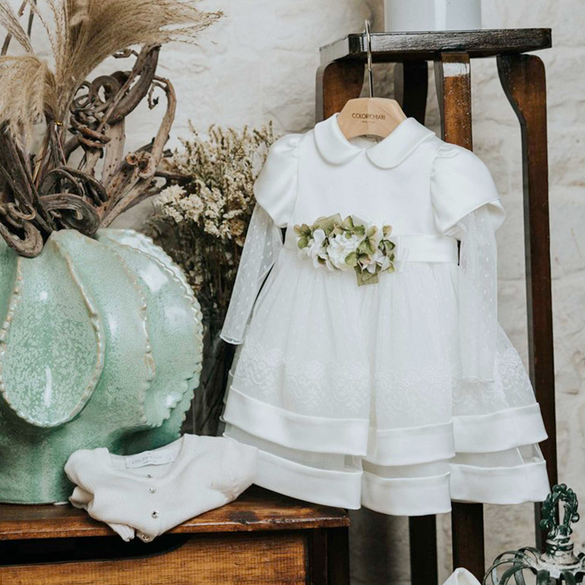 Abito Cerimonia e Battesimo Bianco con Balze per Neonata COLORICHIARI
