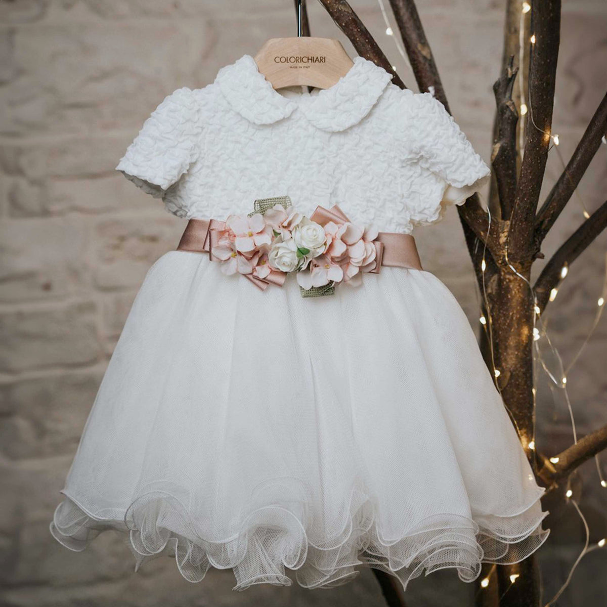 Abito Bianco con Cintura Cerimonia e Battesimo per Neonata COLORICHIARI